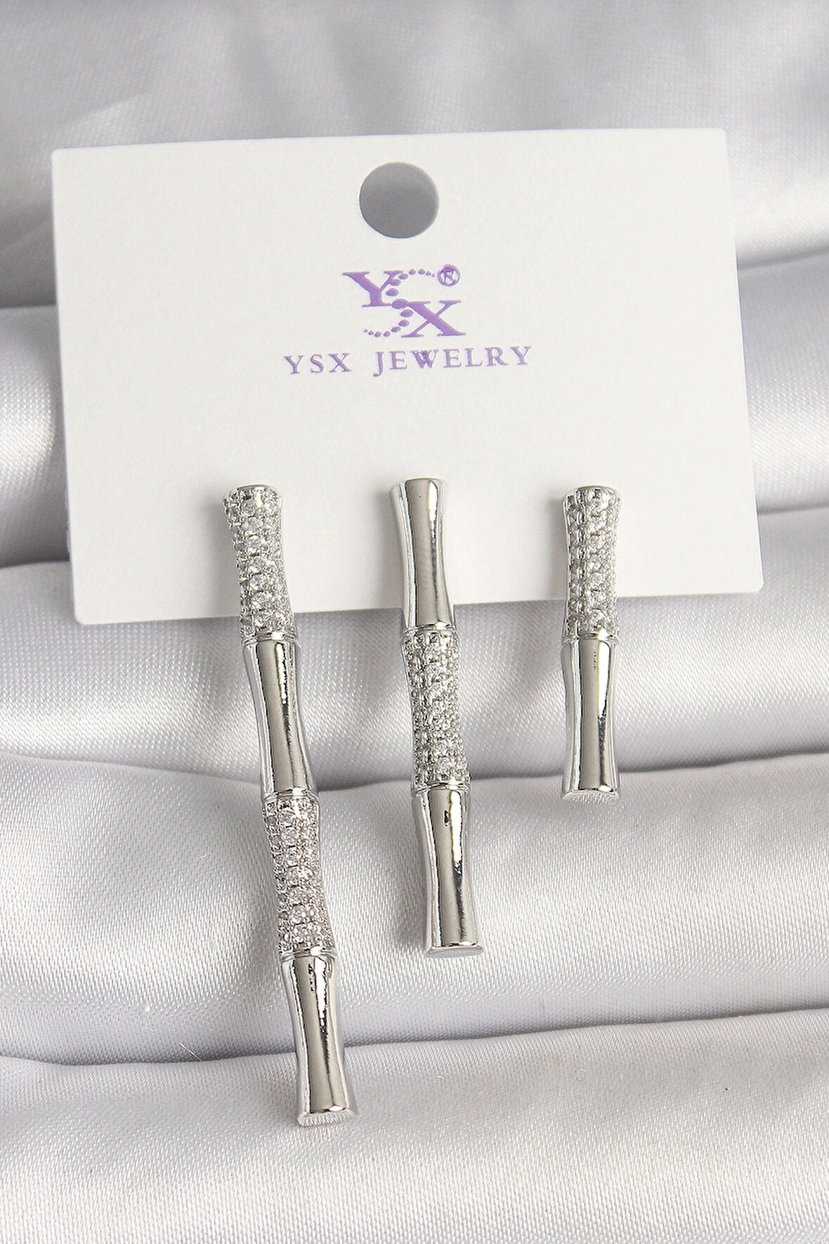 Dodes Dodes Pirinç Gümüş Renk Zirkon Taşlı Bambu Model 3'Lü Kadın Kombin Küpe TG27BKP10462