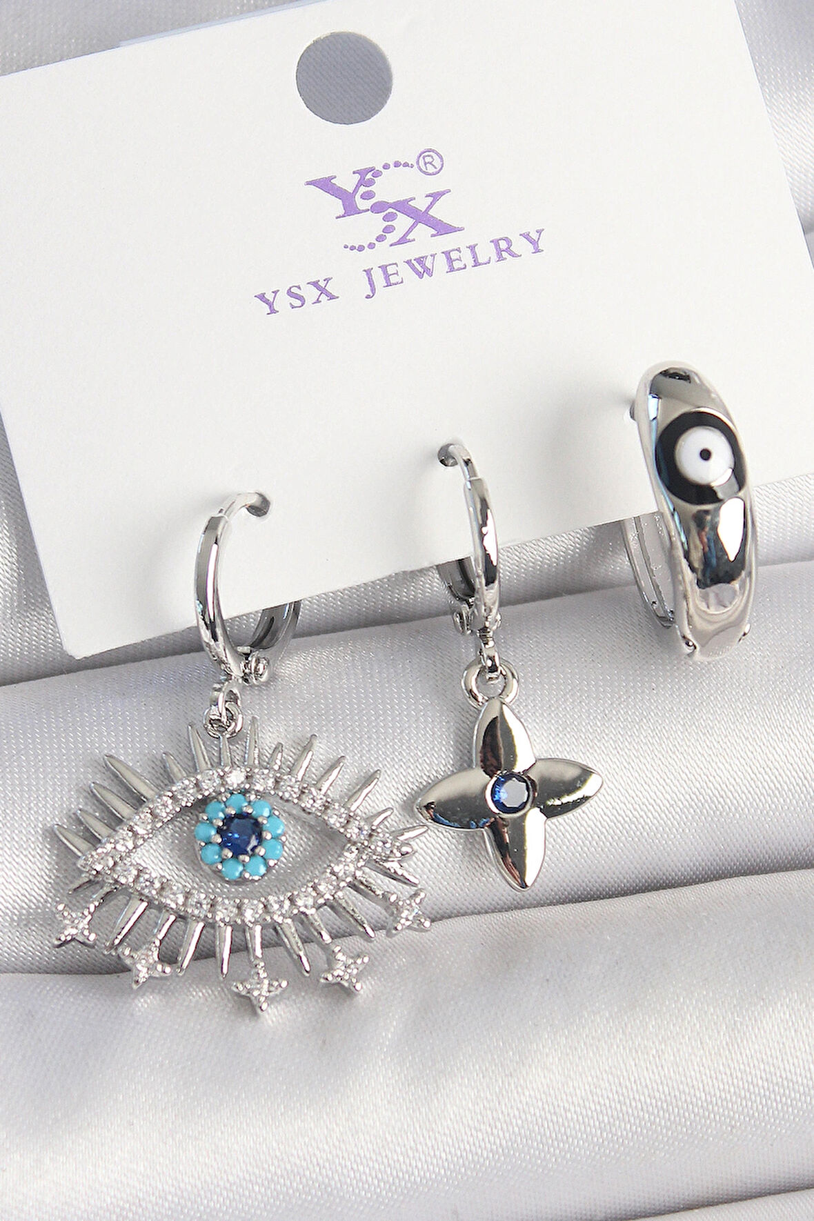 Dodes Dodes Pirinç Gümüş Renk Zirkon Taşlı Göz Model Nazar Boncuk Detay 3'Lü Kadın Kombin Küpe TG27BKP10440