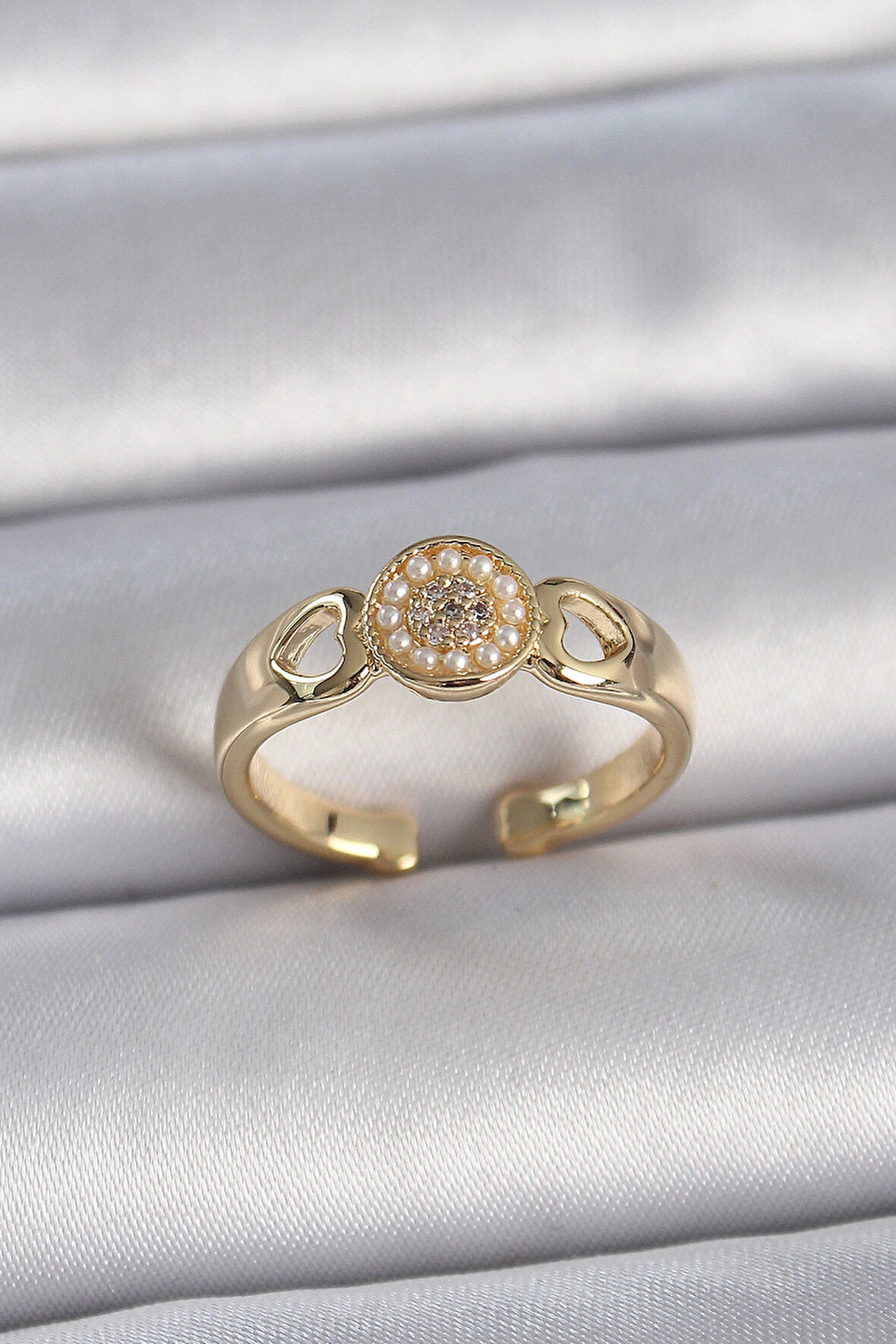 Dodes Dodes Pirinç Gold Renk Zirkon Taşlı İncili Kalp İşleme Detay Ayarlanabilir Kadın Yüzük TG27BYK3358