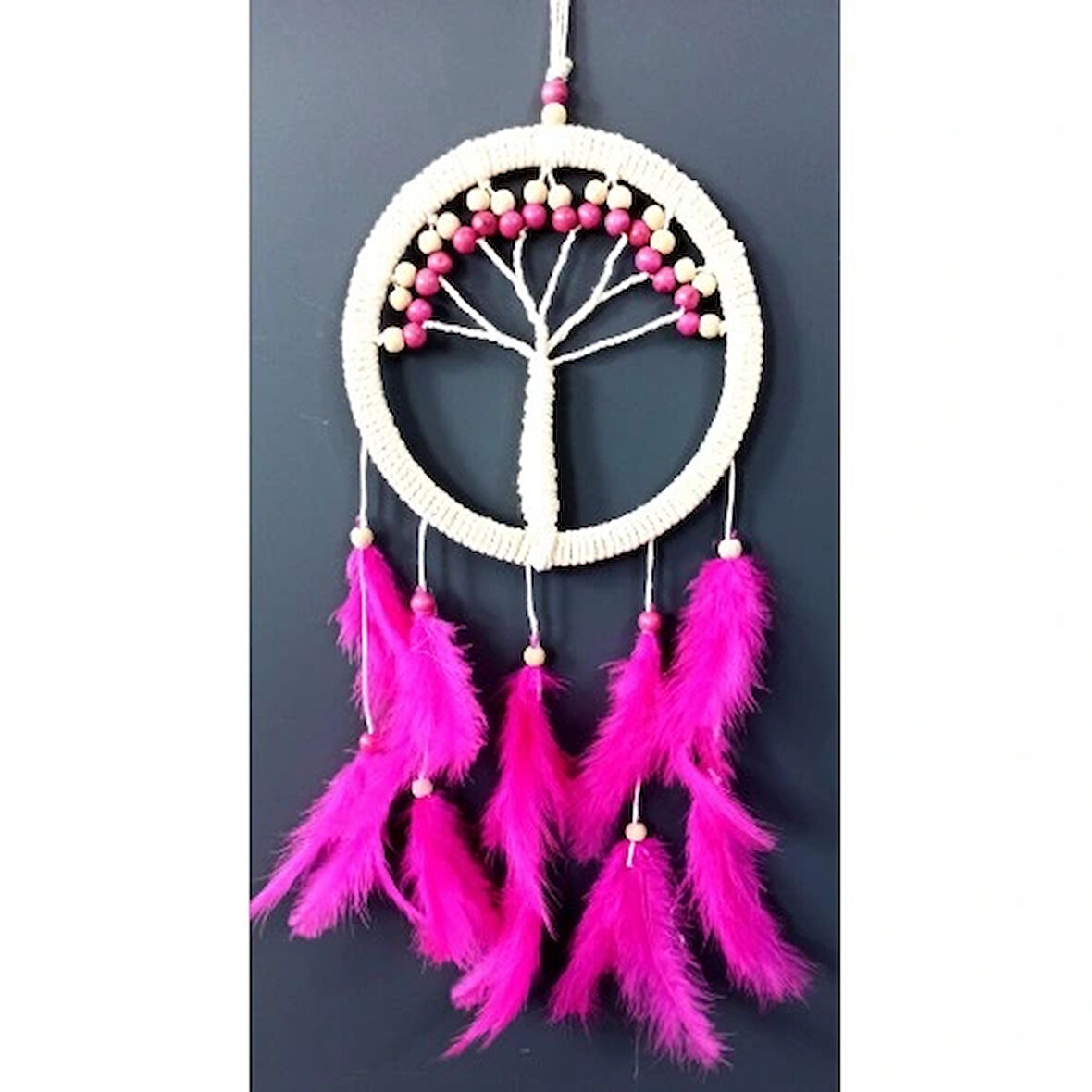 Dodes Fuşya Kuş Tüylü Hayat Ağacı Düş Kapanı Dream Catcher Duvar Süsü