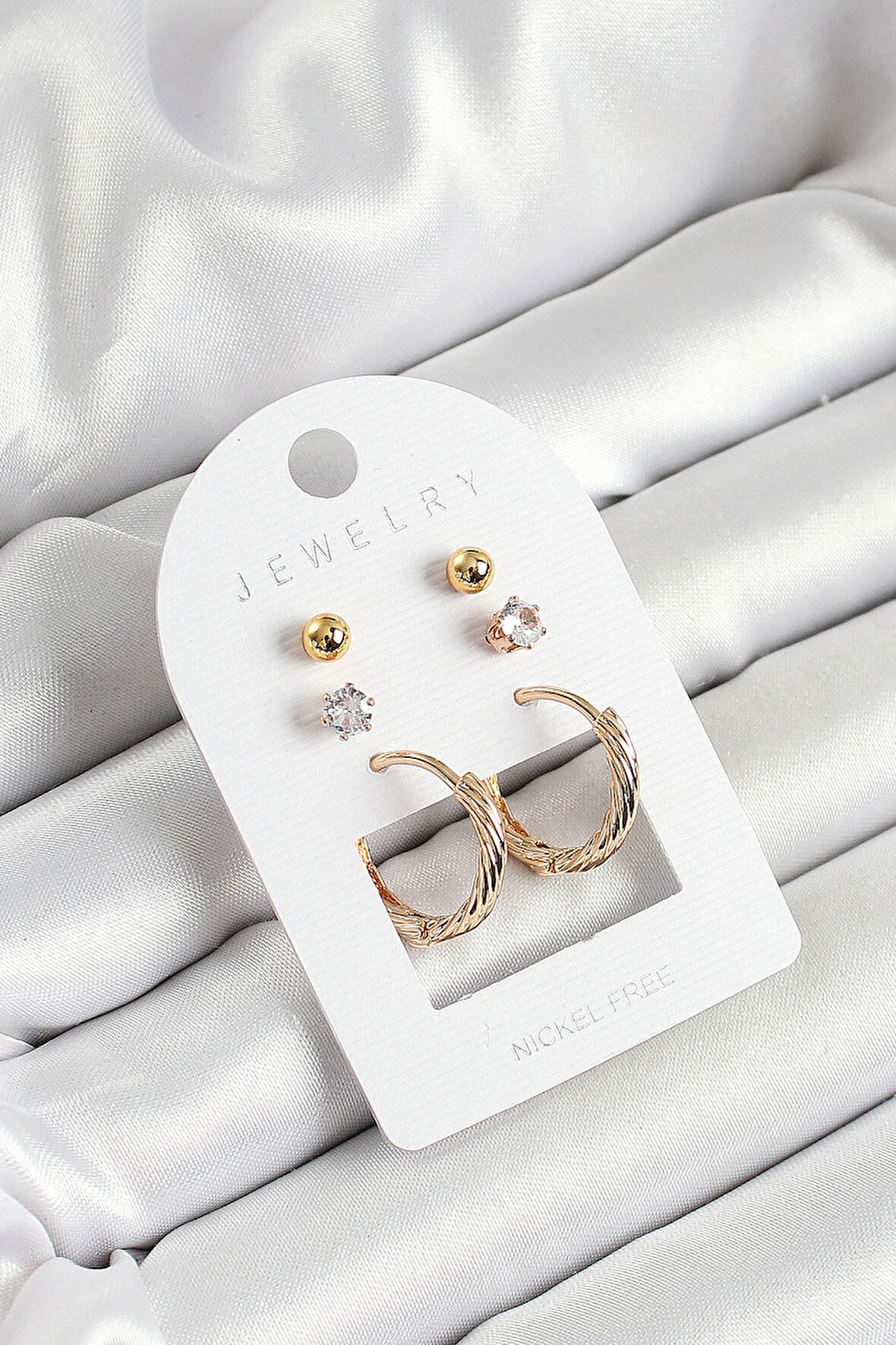 Dodes Dodes Pirinç Zirkon Taş Ve Halka Figürlü Gold Renk 3'lü Çift Kadın Küpe Set TG27BKP10652