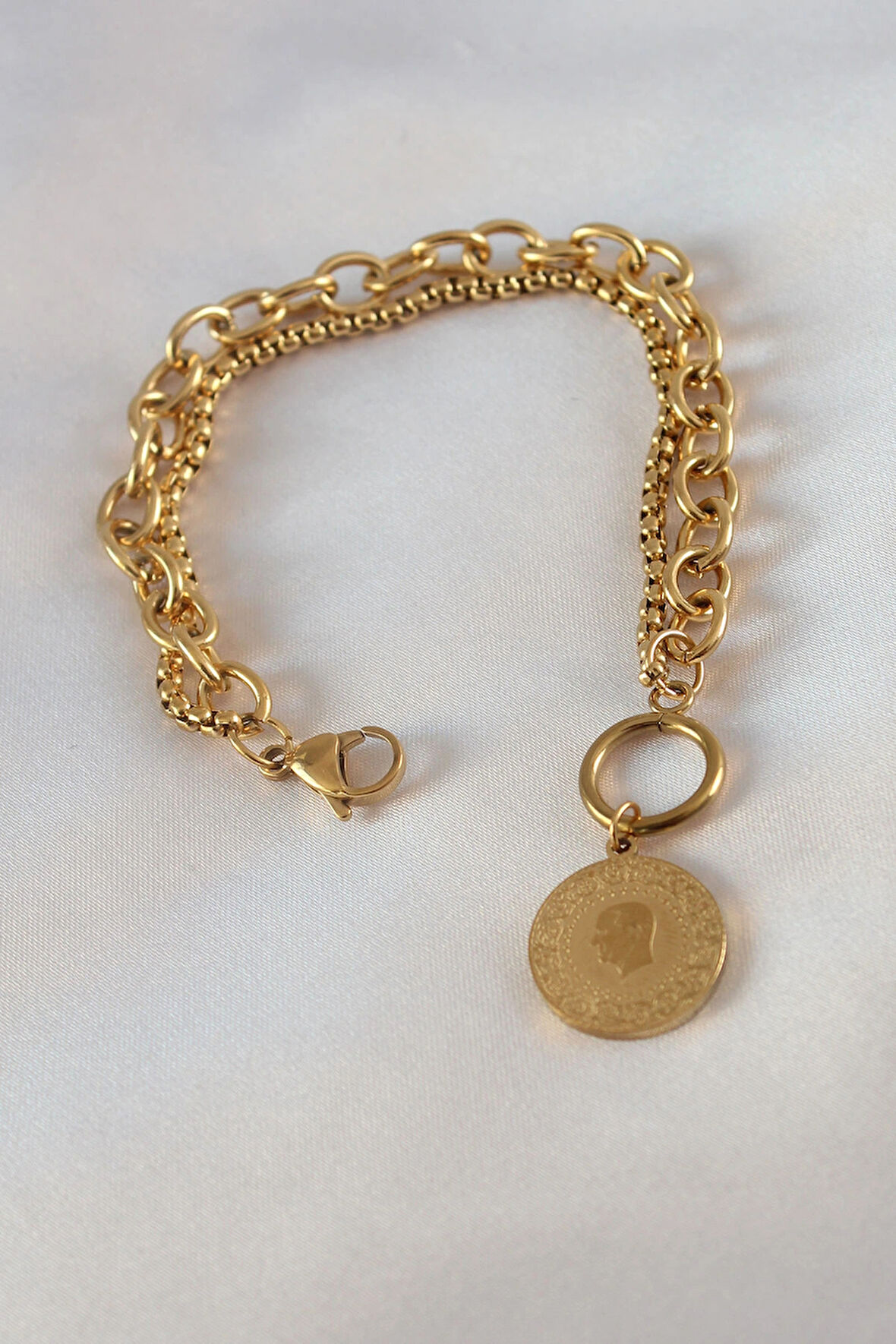 Dodes Dodes 316L Çelik Gold Renk 2'li Zincir Model Çeyrek Altınlı Kadın Bileklik TG27BB5452