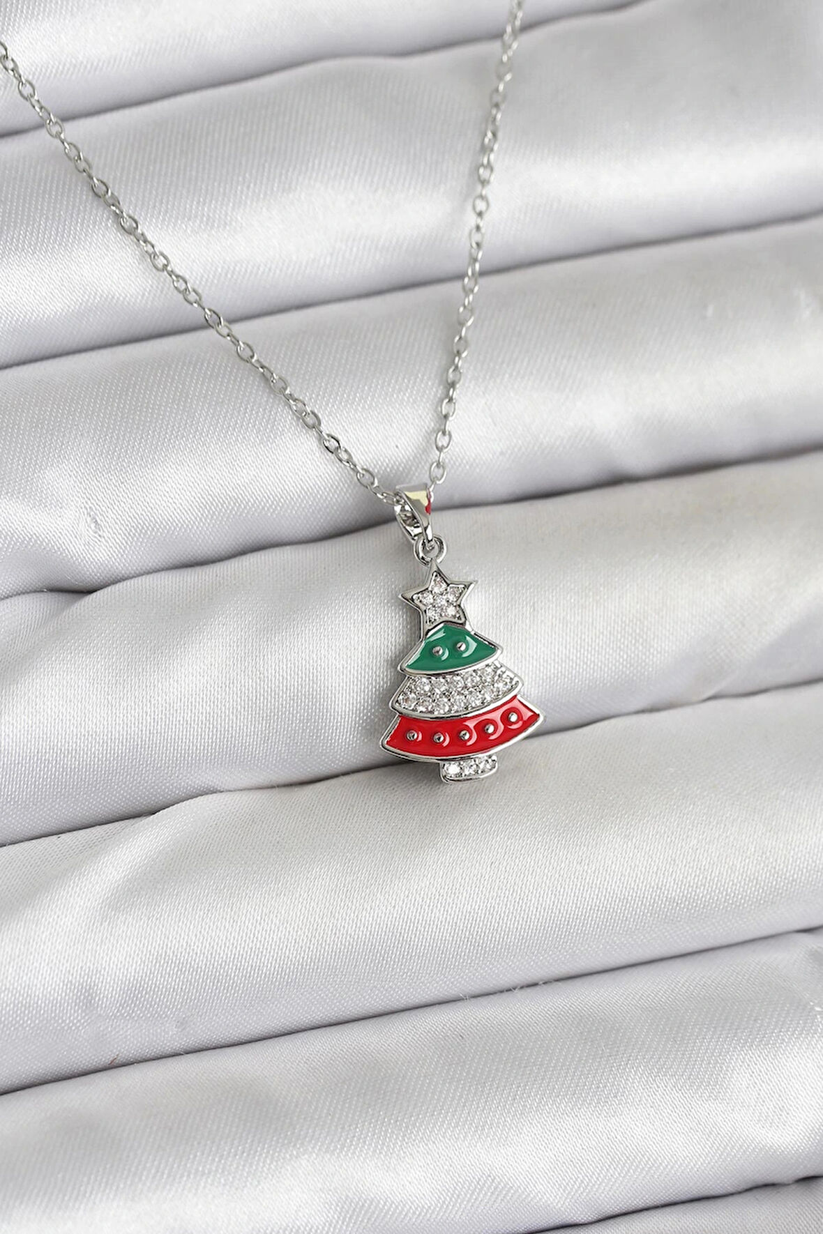 Dodes Dodes 316L Çelik Zincir Gümüş Ren Çam Ağacı Model Zirkon Taşlı Yılbaşı Temalı Kadın Kolye TG27BKO10711
