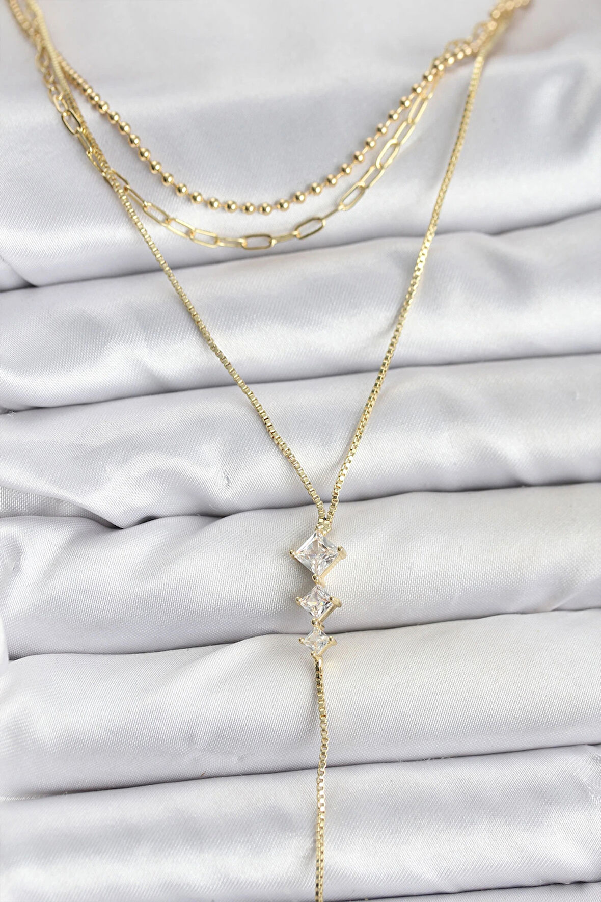 Dodes Dodes Pirinç Gold Renk Zirkon Taş Detaylı 3'lü Kombin Y Kadın Kolye TG27BKO10691