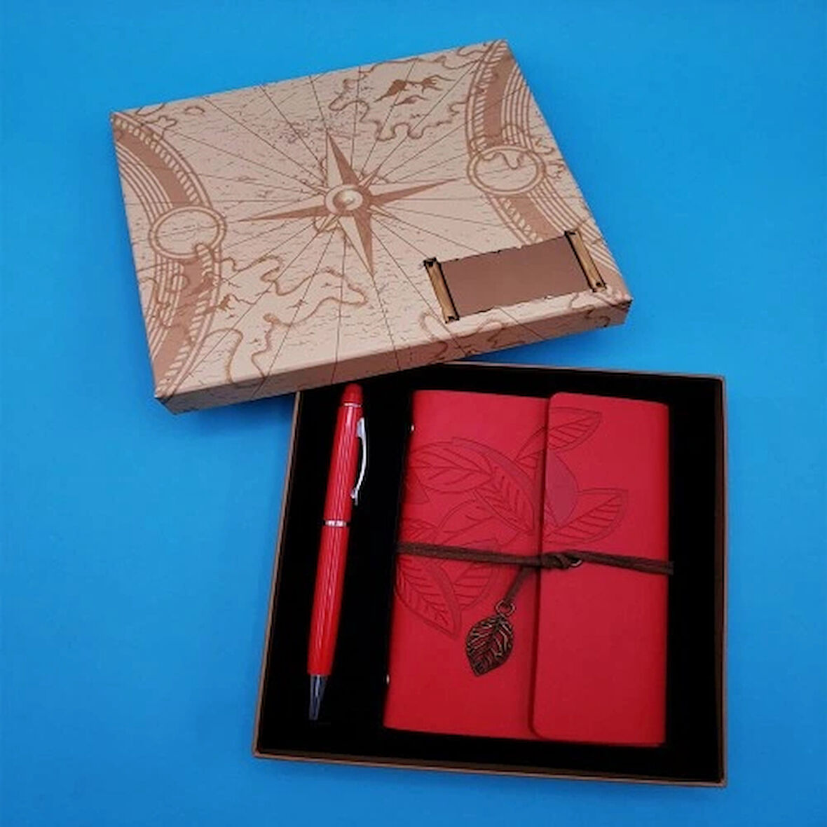 Dodes Özel Tasarım Kutulu Kırmızı Deri Defter ve Kırmızı Kalem Set