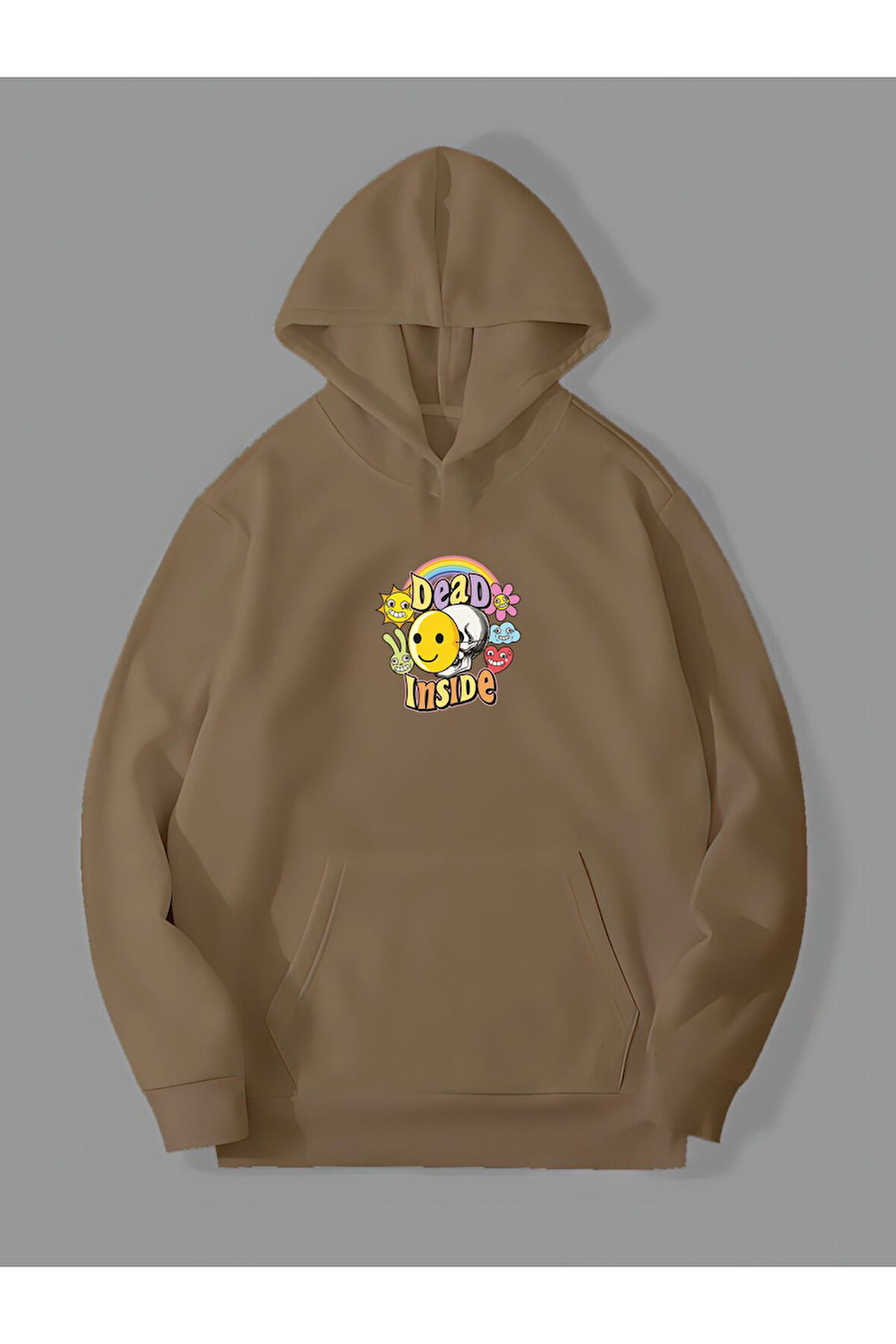 Üç İplik Dead Inside Baskılı Unisex Kemik Kanguru Cepli Kapüşonlu Sweatshirt Hoodie | L