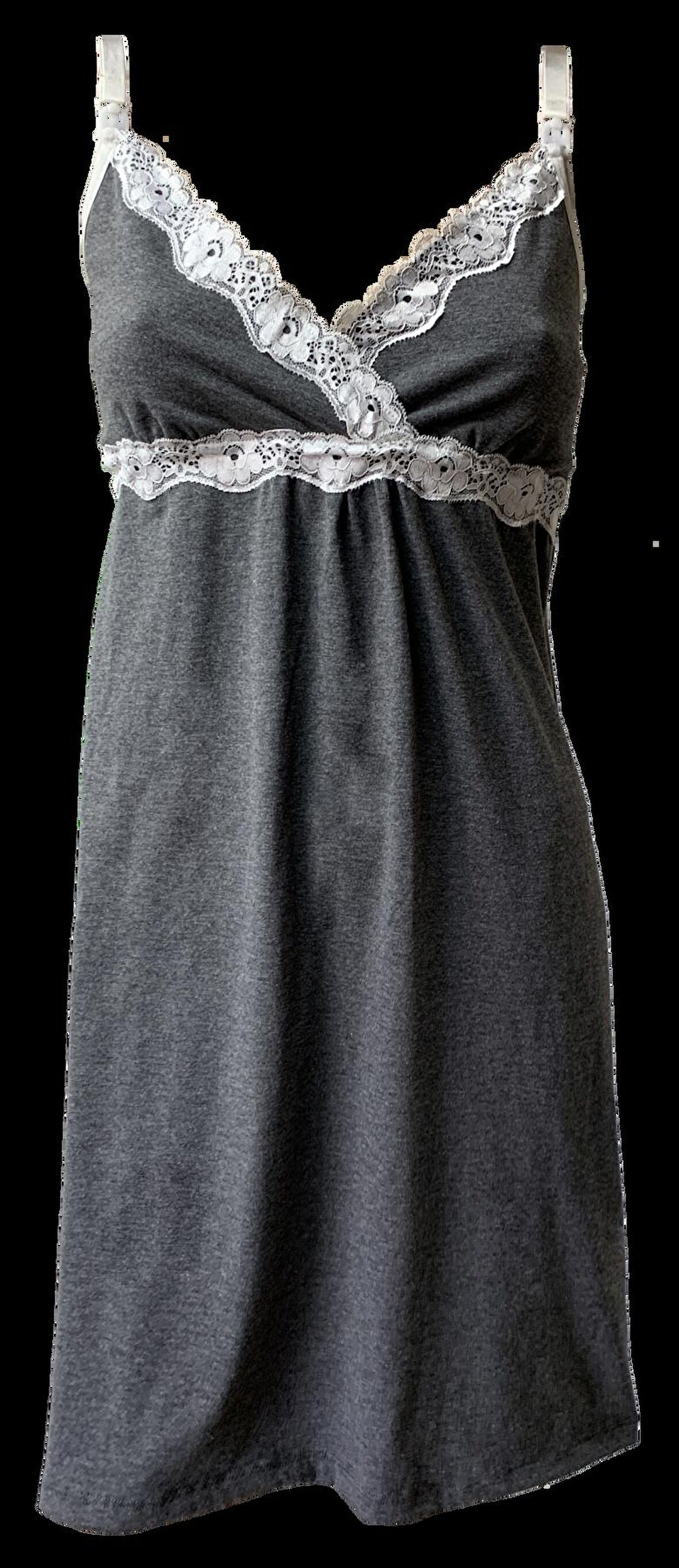 Antrasit Dantel Detaylı Lohusa Emzirme Gecelik