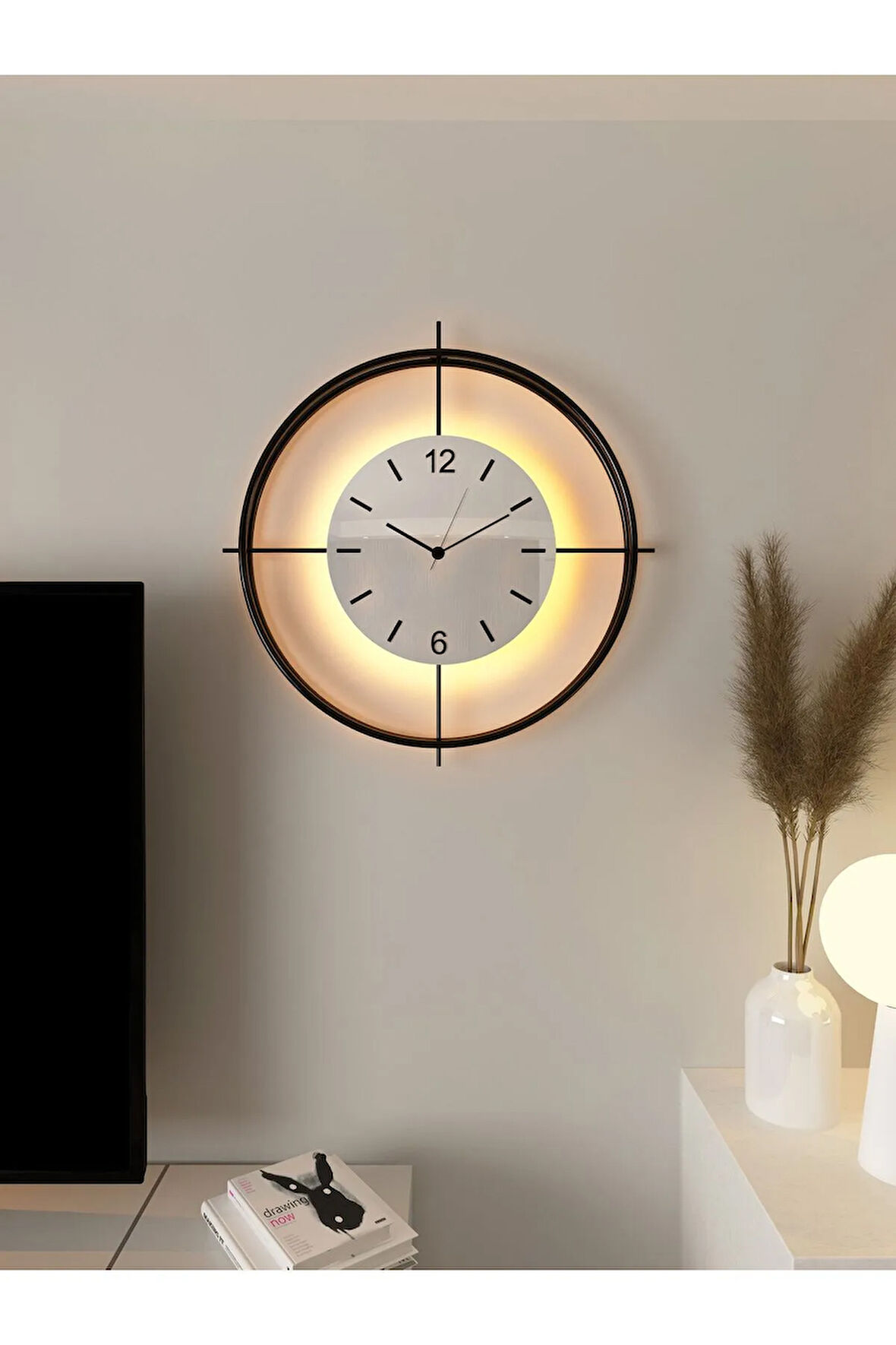 Çiftçember - Siyah- Beyaz Göbek - Büyük Boy (55X55CM) - Pilli Led - Metal Duvar Saati