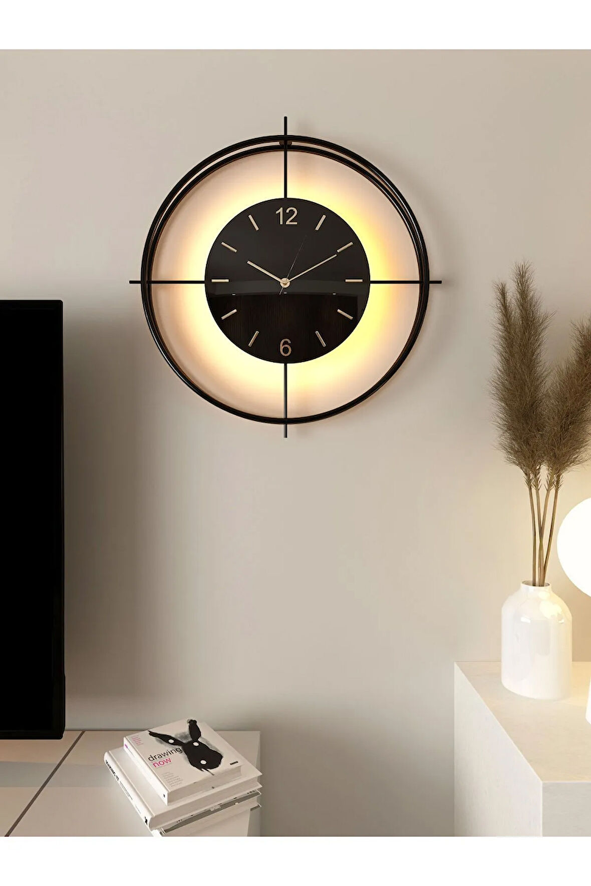 Büyük Boy(55*55 CM) Siyah Göbek Siyah Deluxe Ledli(PİLLİ) - Modern Dekoratif Metal Duvar Saati