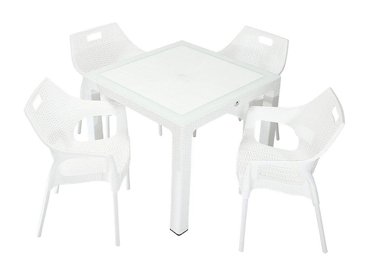 Mandella Elit Rattan 90x90 Star Koltuk Camlı Masa Takımı Beyaz