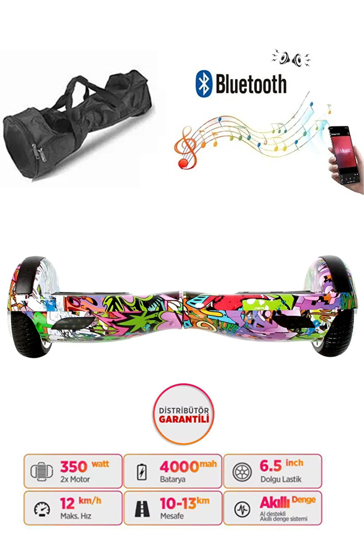 Elektrikli Kaykay Hoverboard Bluetooth Hoparlörlü 6.5 İnç Grafiti D04 - Çanta Hediye