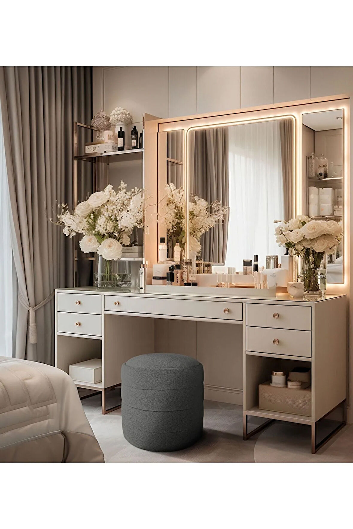 Diana Slim Line Luxury Gri Puf Havlu Kumaş, Silindir, Dekoratif Makyaj Masası Pufu