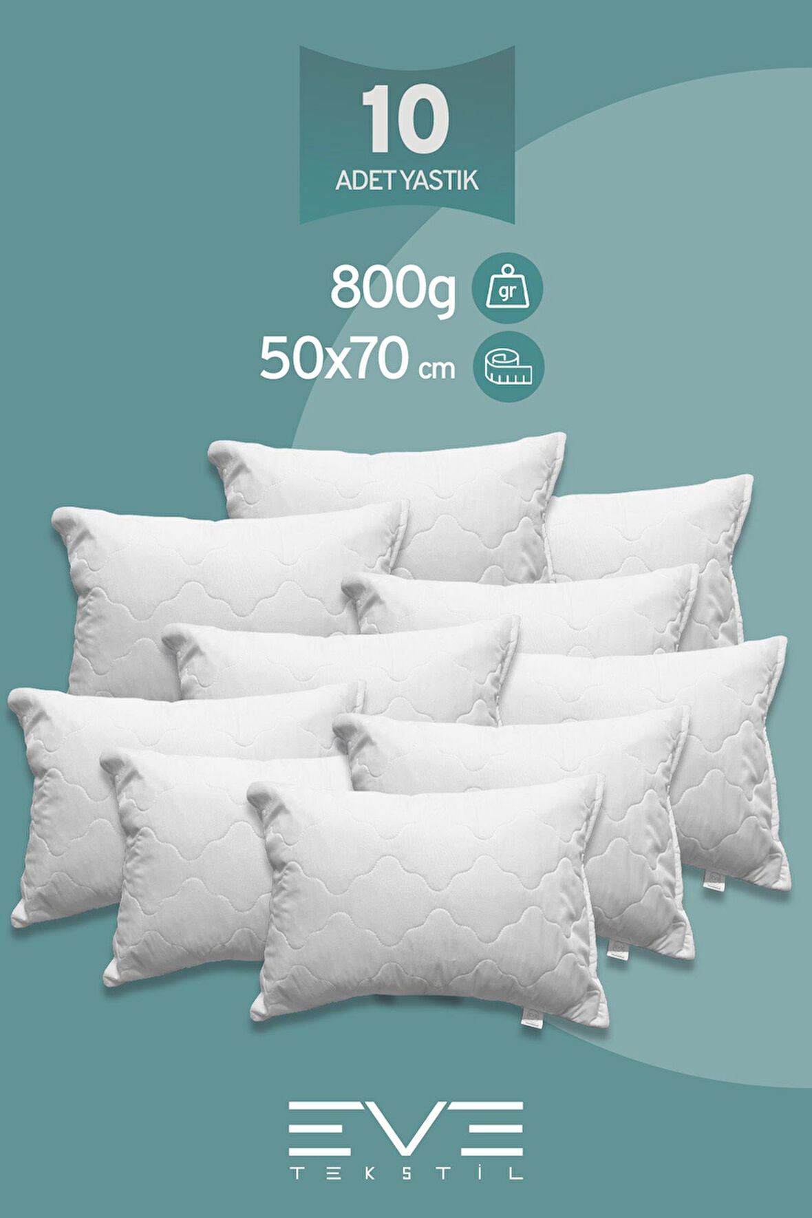 10 Adet Diamant Plus Kılıflı Fermuarlı Yıkanabilir Antialerjik Silikon Elyaf Yastık 50x70cm 800 gr