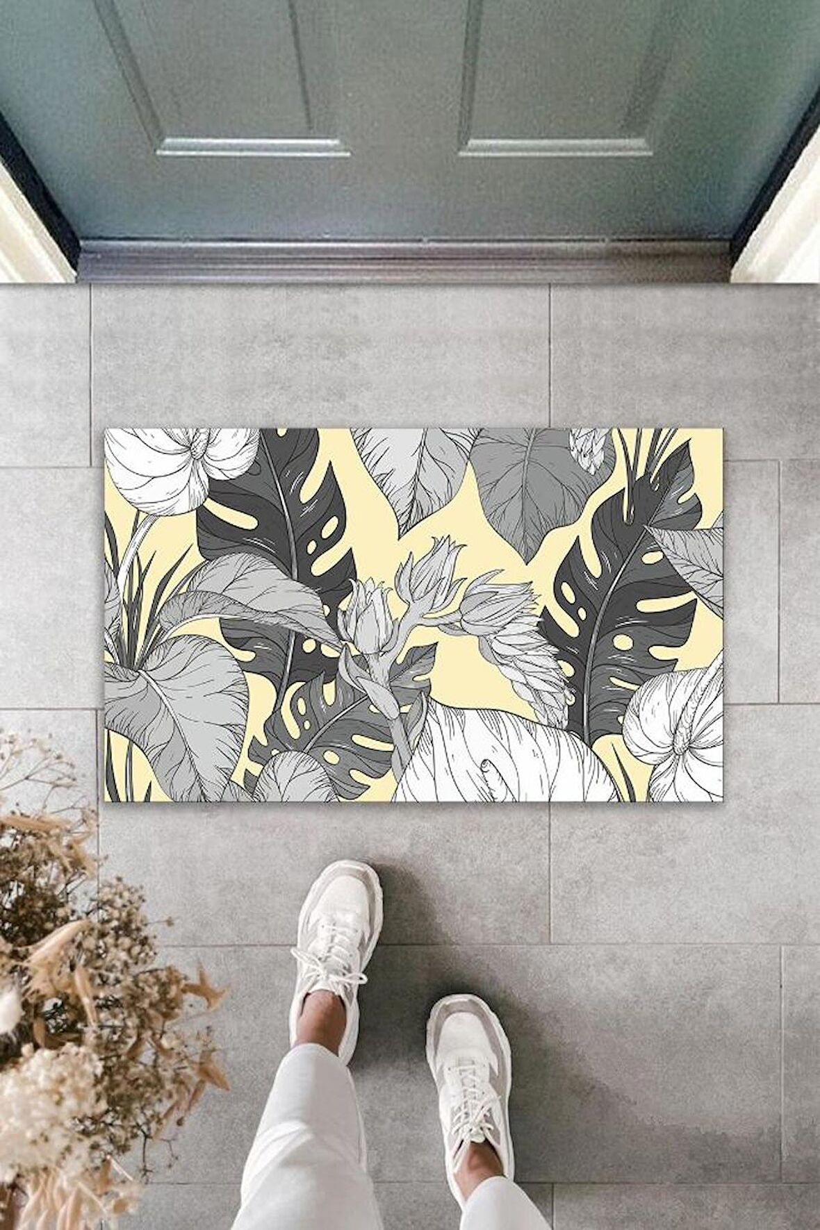 Dekoratif Dijital Baskı Gri Yaprak Dış Mekan Paspas K-2106