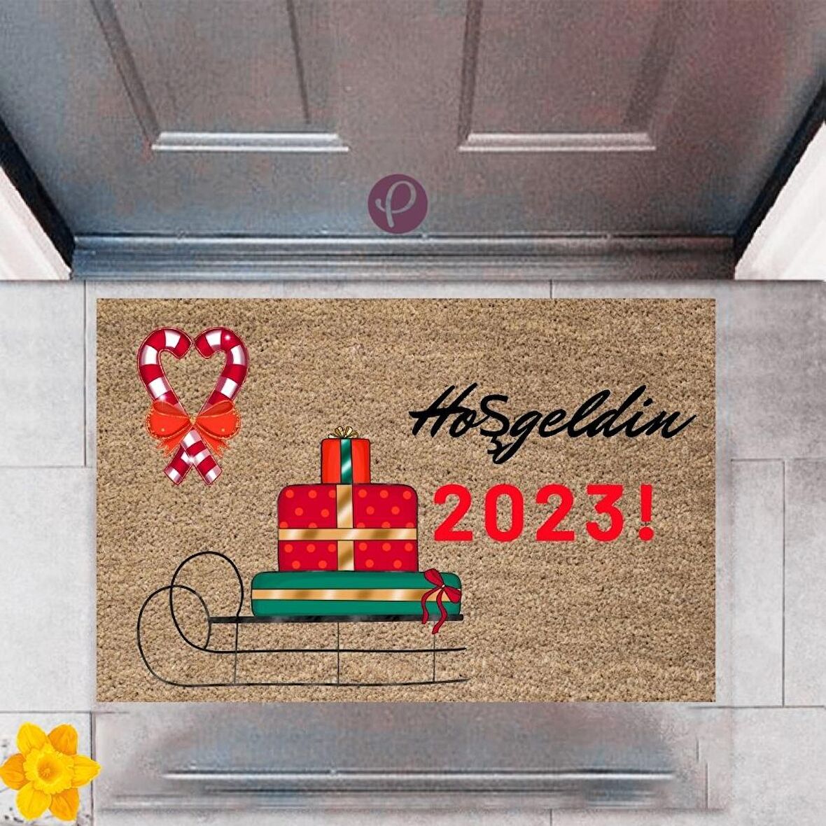 Kapı Önü Paspası Dekoratif Dijital Baskı Yeni Yıl Konsepti P-2627