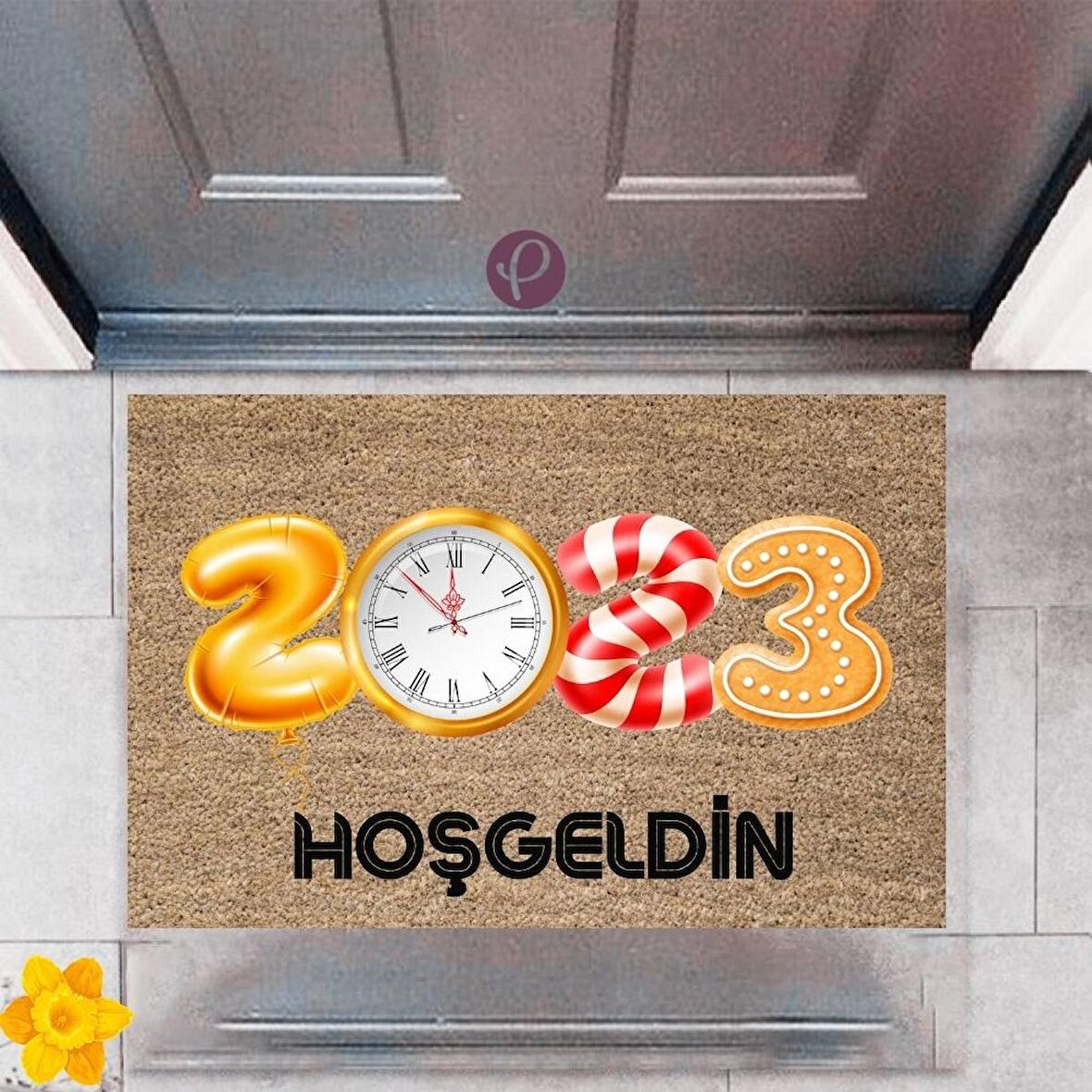 Kapı Önü Paspası Dekoratif Dijital Baskı Yeni Yıl Konsepti P-2647