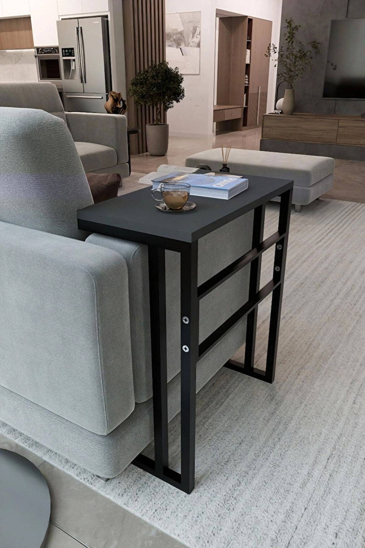 C Sehpa – Metal Ayaklı Yan Sehpa, Koltuk Kenarı Servis Sehpası, Laptop ve Kahve Masası (56x30x65 cm)