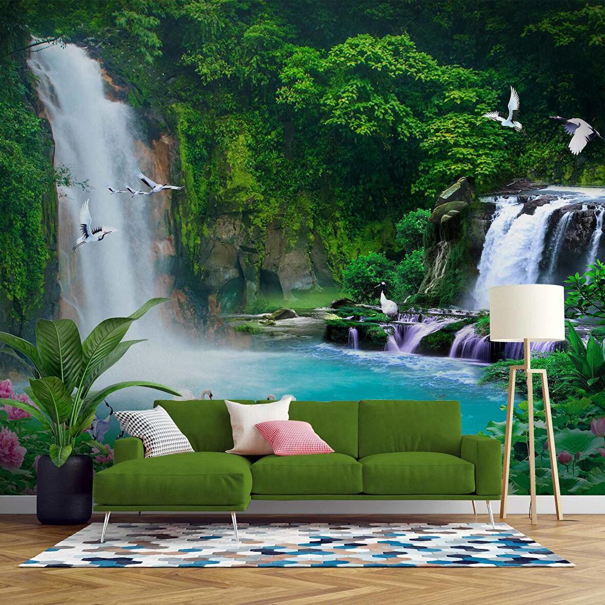 Orman ve Şelale Manzaralı Duvar Kağıdı Baskı