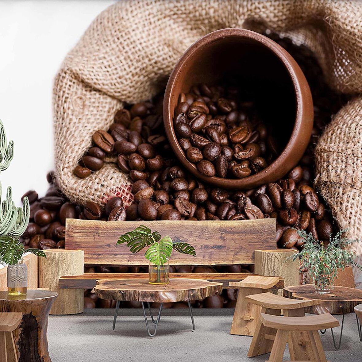Çuvalda Kahve Çekirdekli Cafe Duvar Kağıdı Baskı