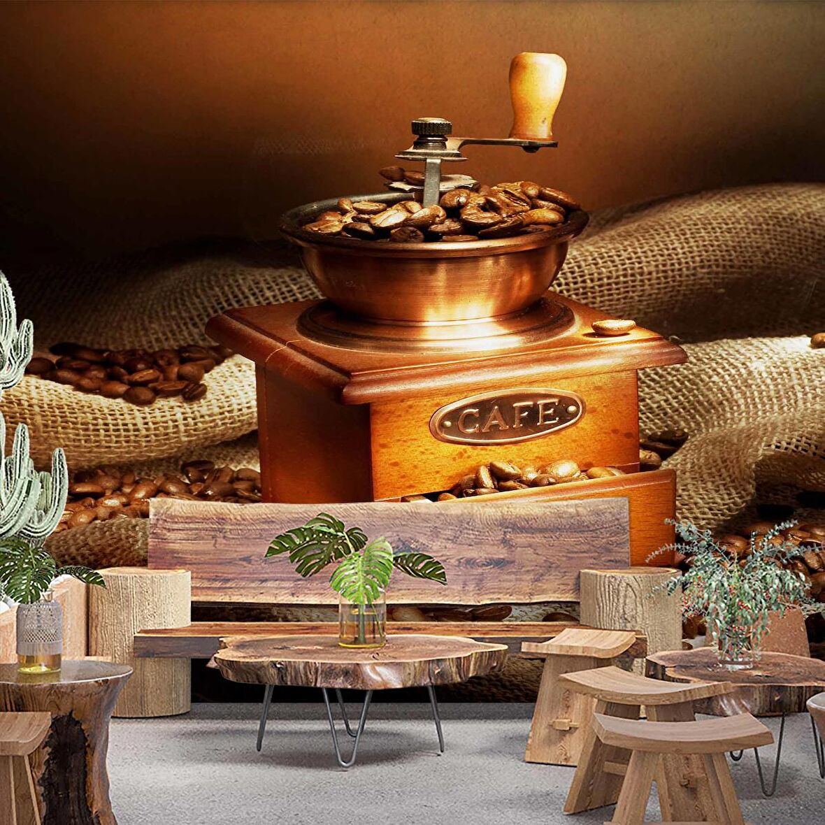 Kahve Çekme Makineli Cafe Duvar Kağıdı Baskı