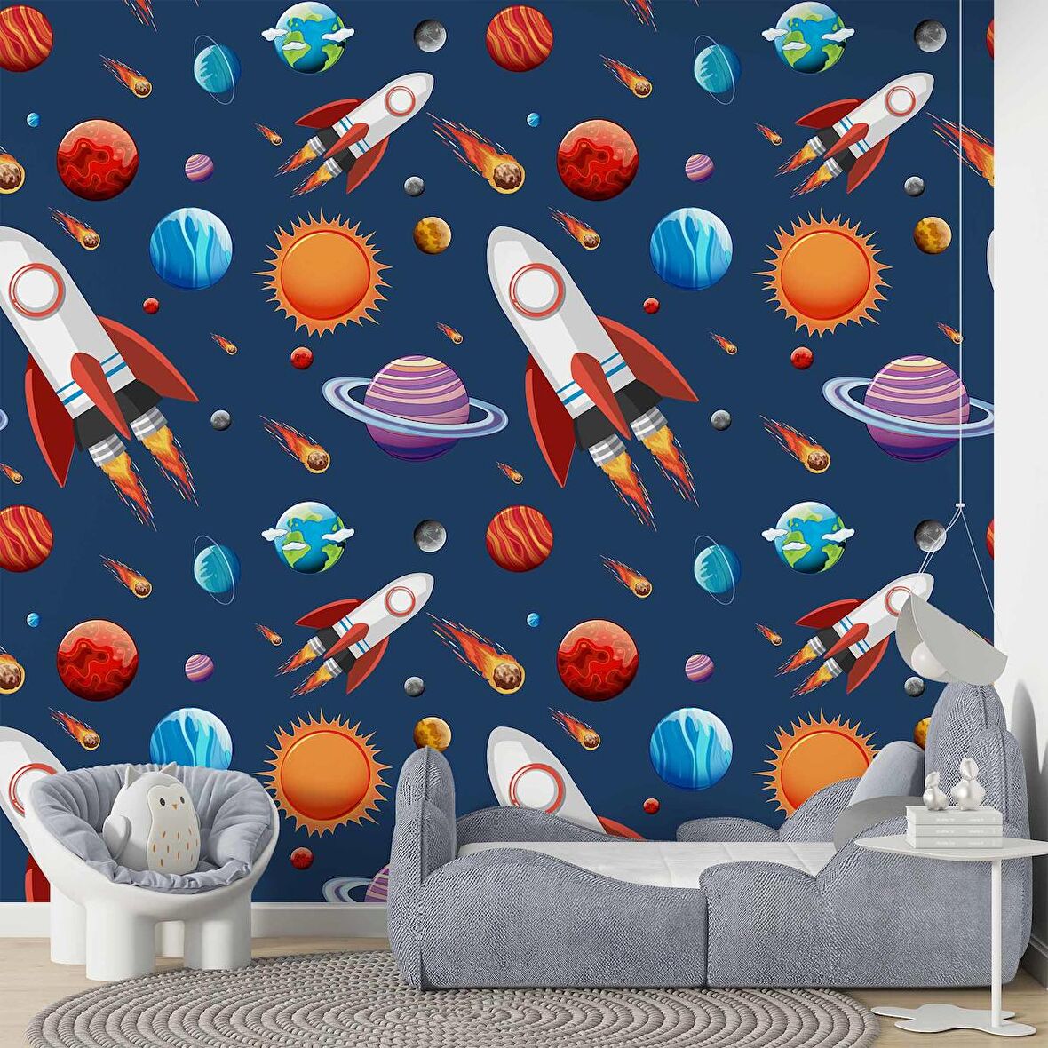 Uzay Desenli Duvar Kağıdı Baskı