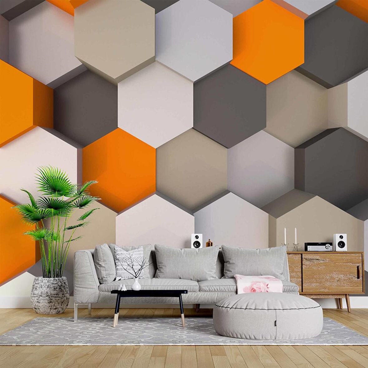 3 Boyutlu Antrasit Turuncu Altıgen Duvar Kağıdı Baskı