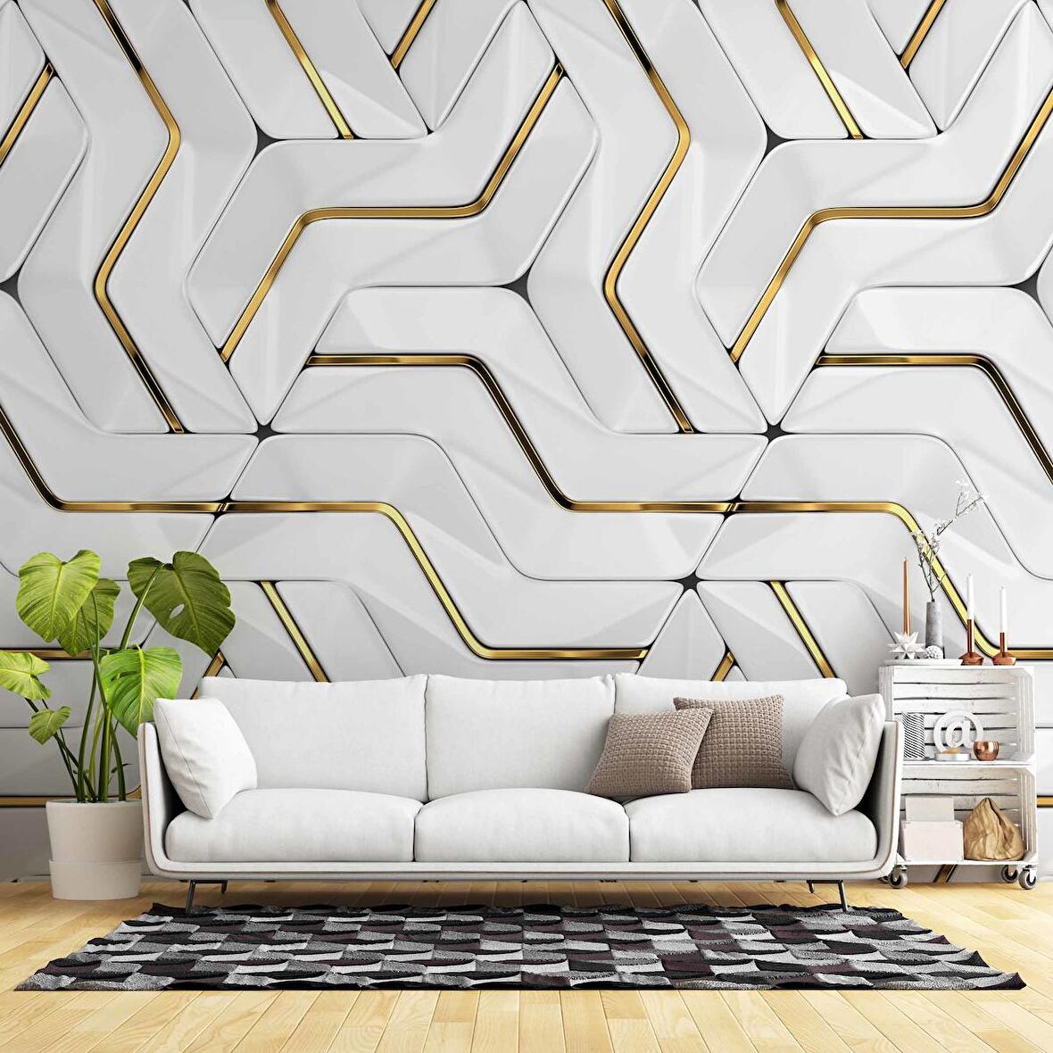 3 Boyutlu Altın Geometrik Duvar Kağıdı Baskı