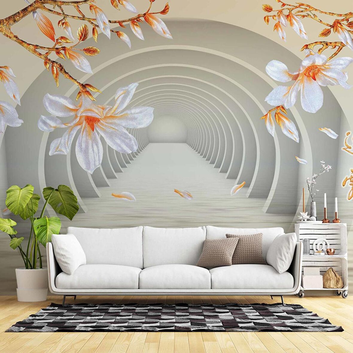 3 Boyutlu Çiçekli Tünel Temalı Duvar Kağıdı Baskı