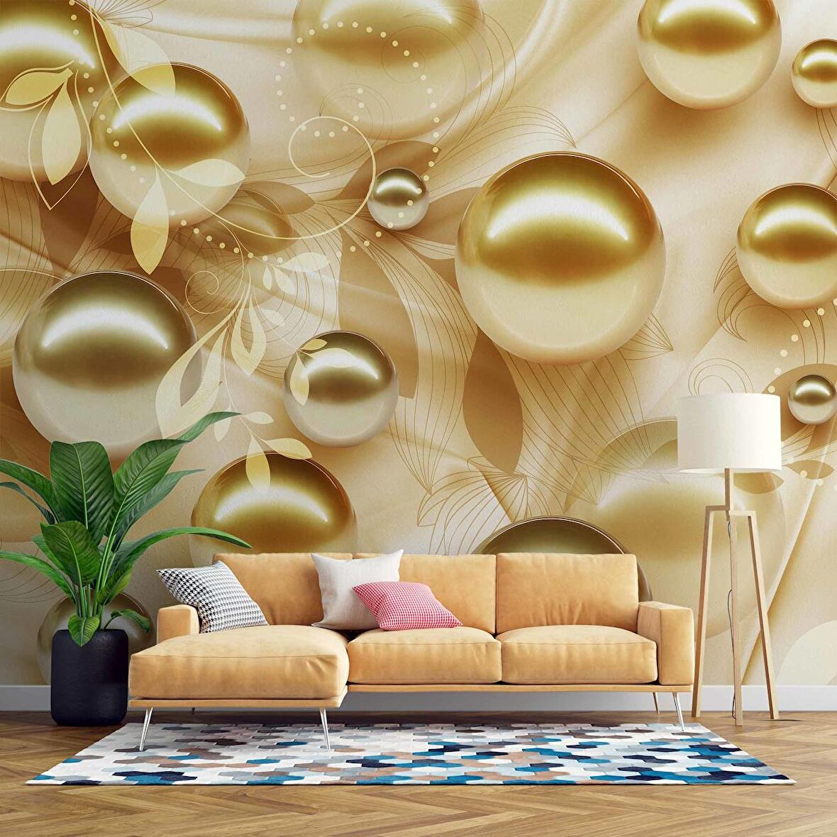 3 Boyutlu Gold Boncuk Desenli Duvar Kağıdı Baskı