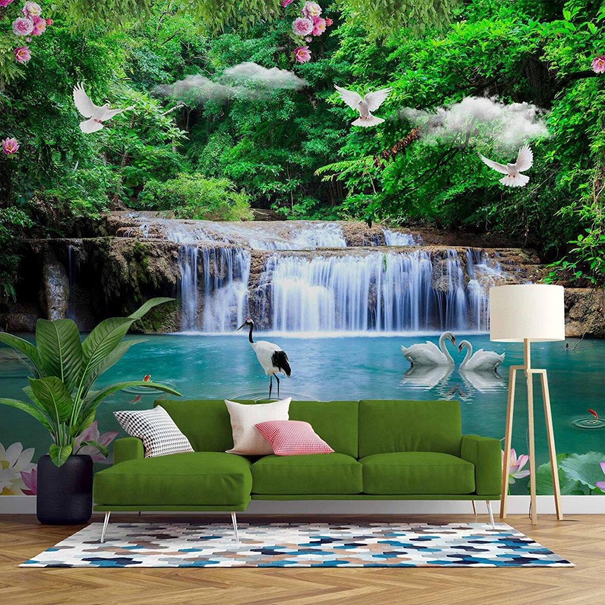 Şelale, Göl ve Orman Manzaralı Duvar Kağıdı Baskı