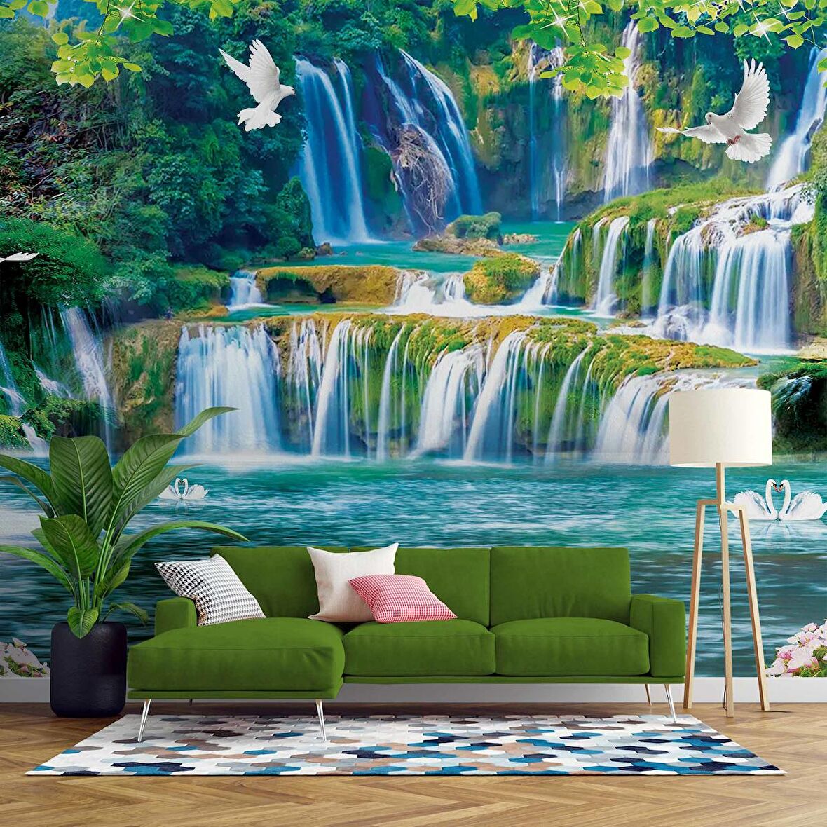 Şelale,Göl, Kuş ve Orman Manzaralı Duvar Kağıdı Baskı