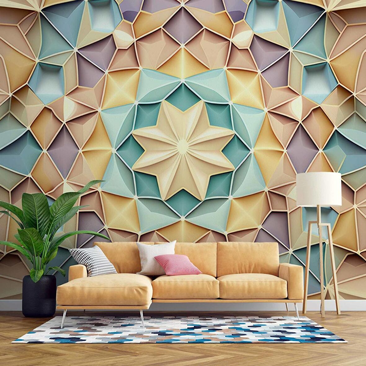 Renkli Geometrik Desenli Renkli Duvar Kağıdı Baskı