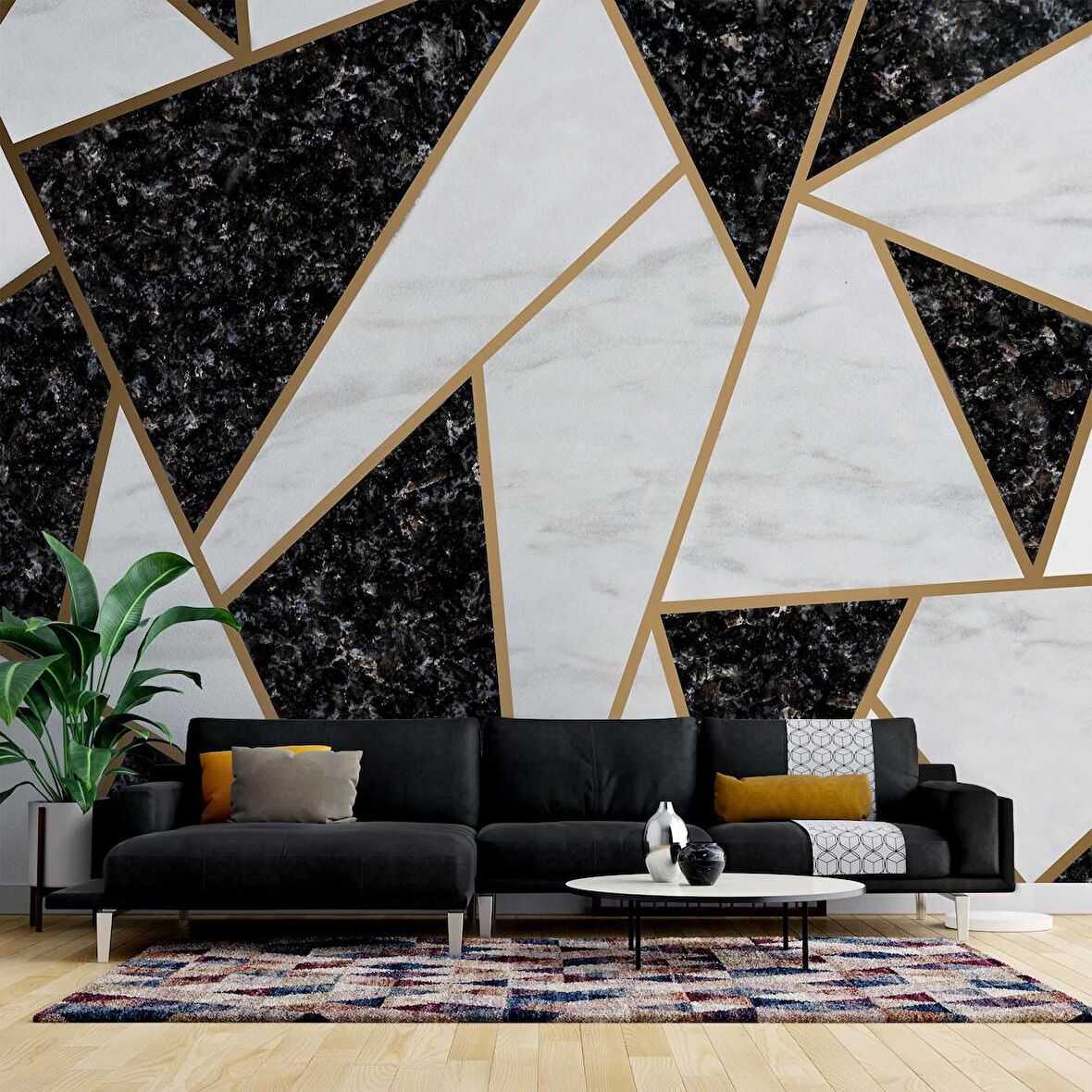 Siyah Beyaz Üçgen Mermer Desenli Duvar Kağıdı Baskı