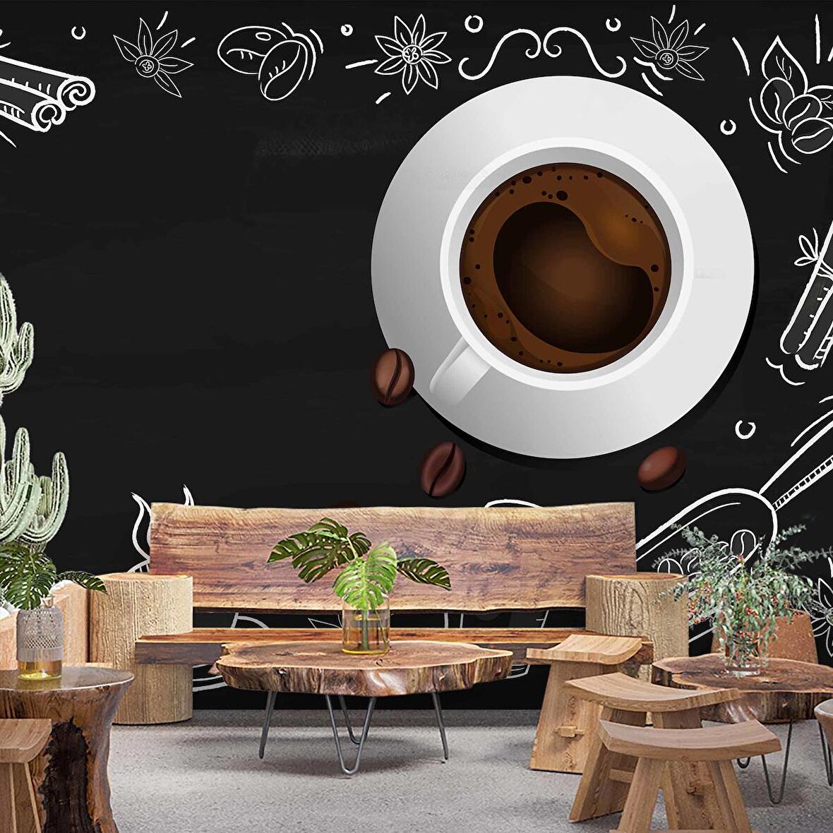 Kahve Desenli Cafe Duvar Kağıdı Baskı
