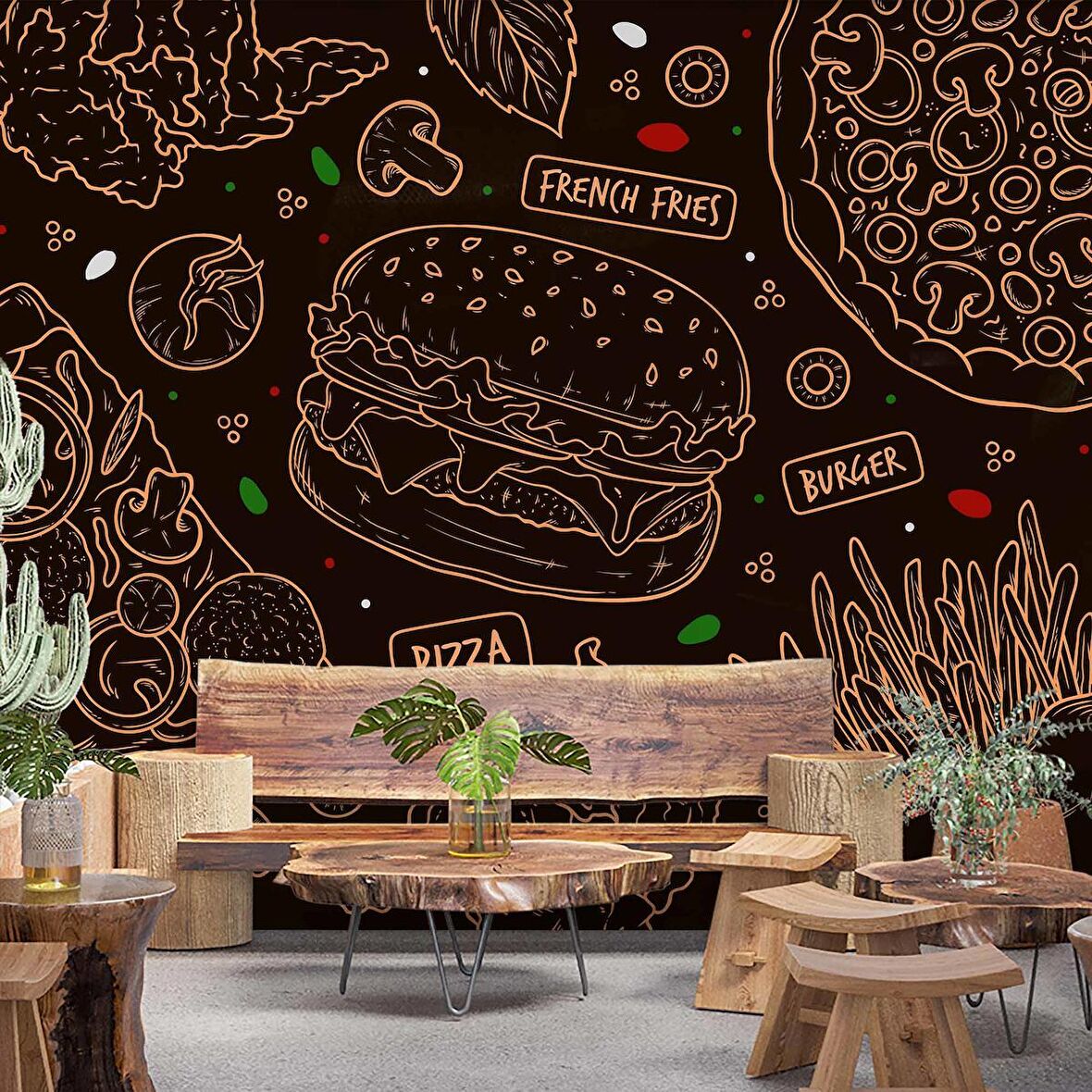 Hamburger Temalı Cafe Duvar Kağıdı Baskı