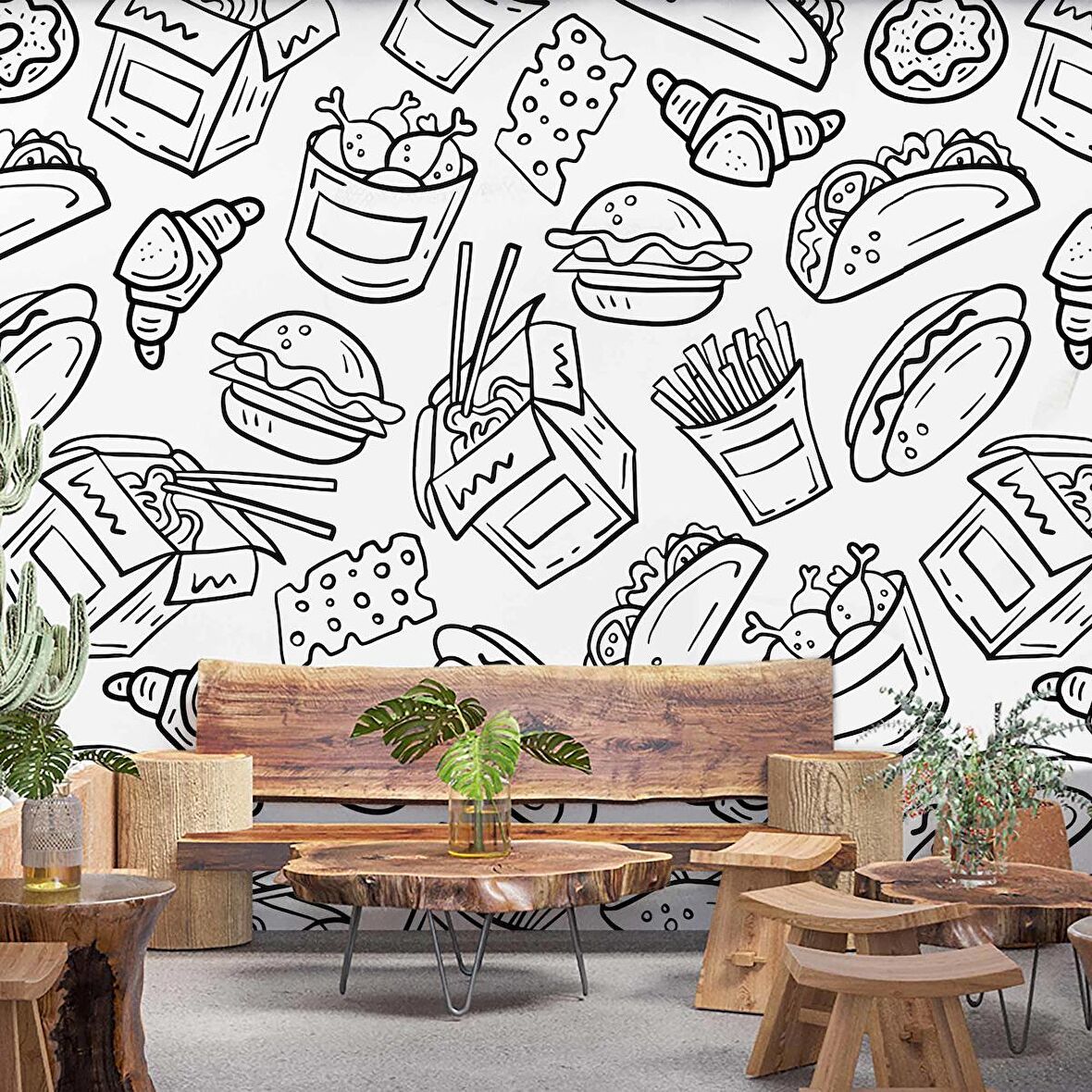 Fast-Food Desenli Cafe Duvar Kağıdı Baskı