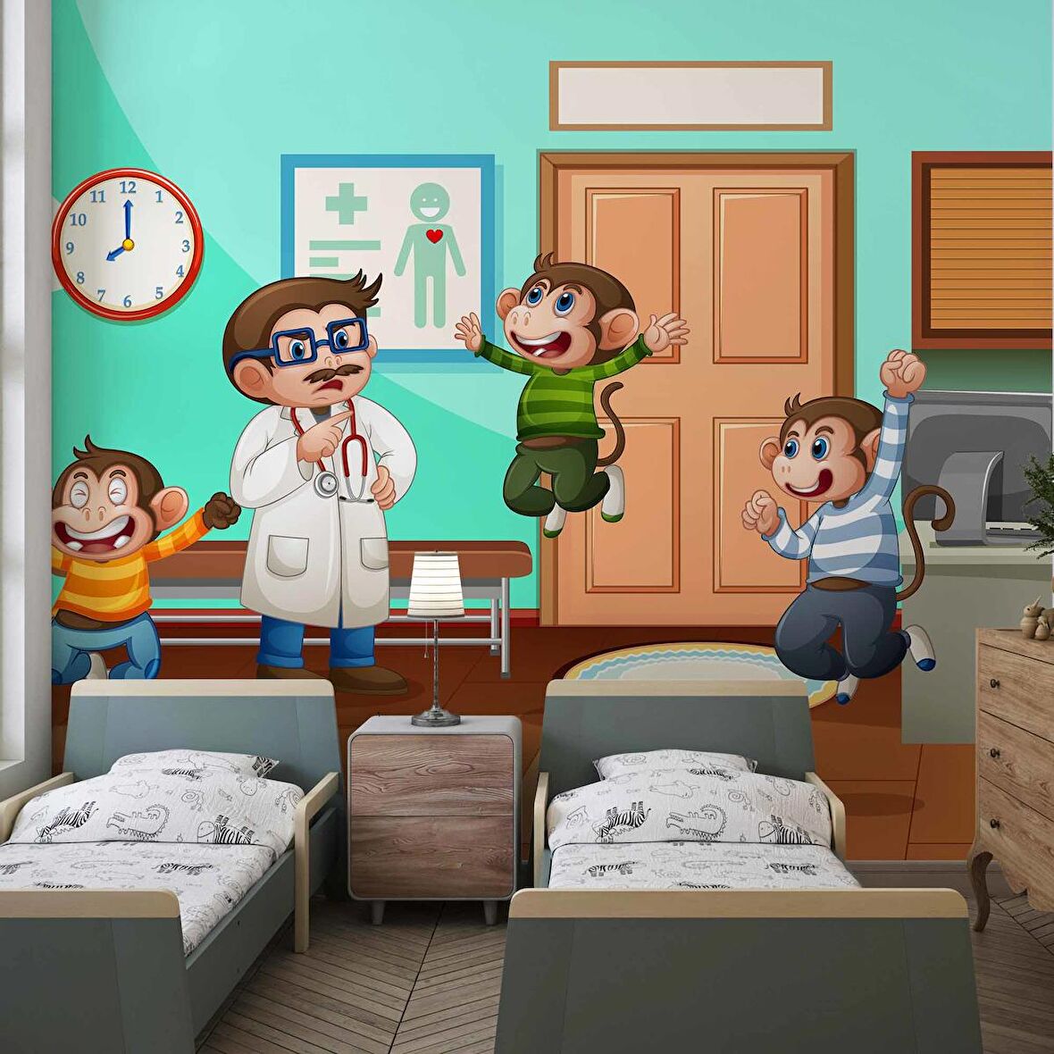 Doktor ve Maymun Desenli Çocuk Oyun Odası Duvar Kağıdı Baskı