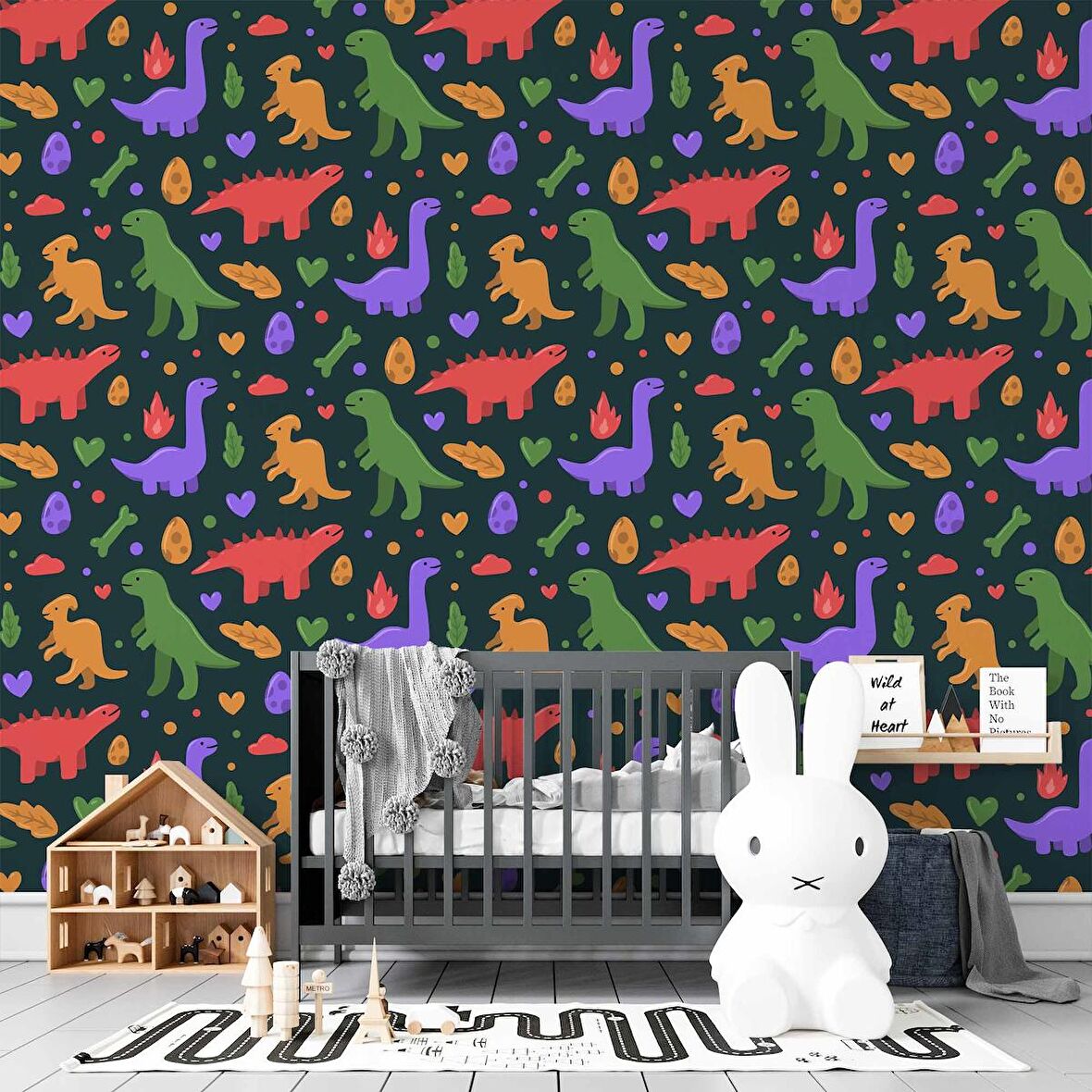 Renkli Dinozor Desenli Çocuk Odası Duvar Kağıdı Baskı