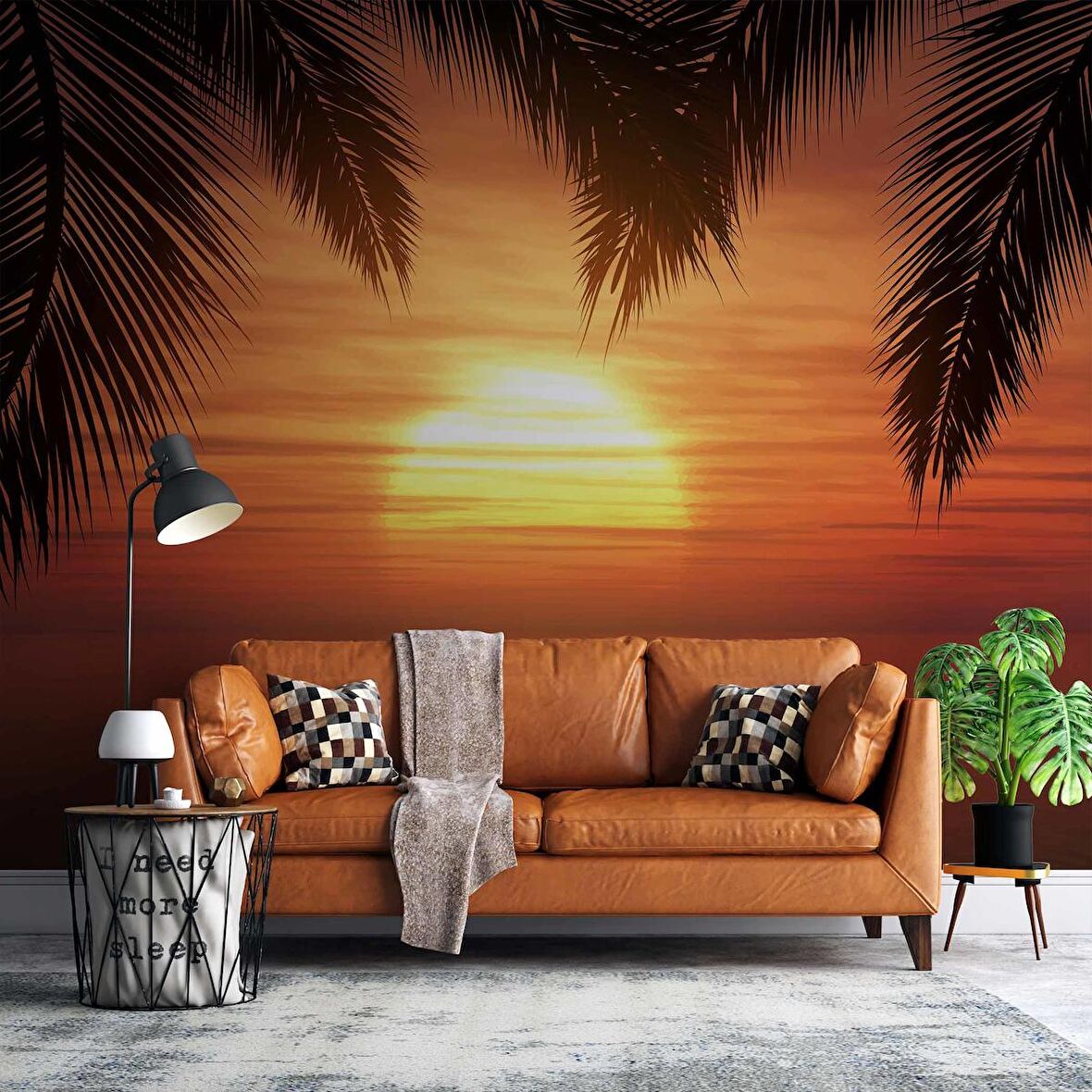 Günbatımı Palmiye Deniz Manzaralı Duvar Kağıdı Baskı