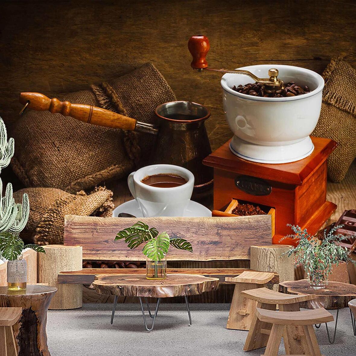 Kahve Öğütme ve Cezve Temalı Cafe Duvar Kağıdı Baskı