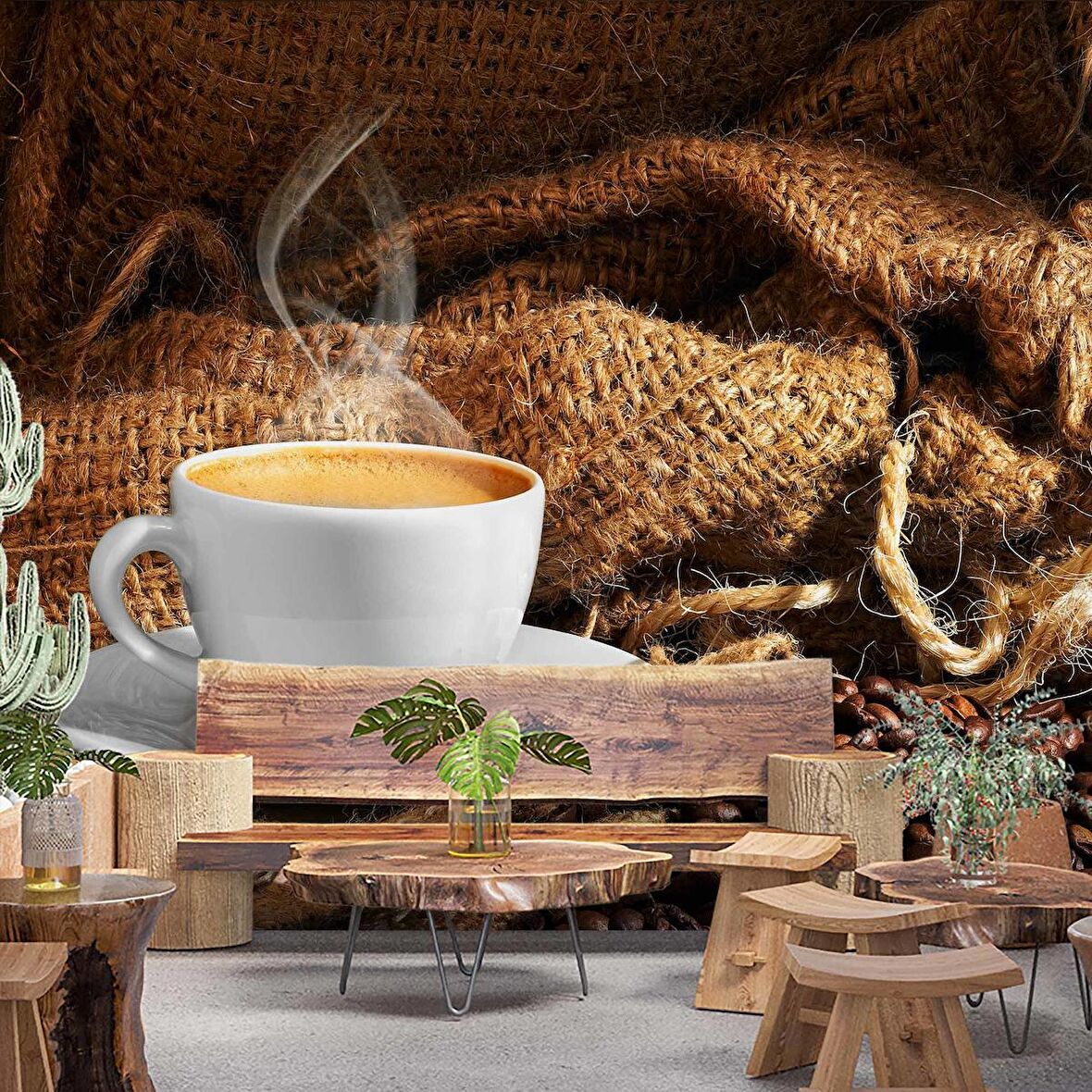 Fincan ve Kahve Çekirdeği Temalı Cafe Duvar Kağıdı Baskı