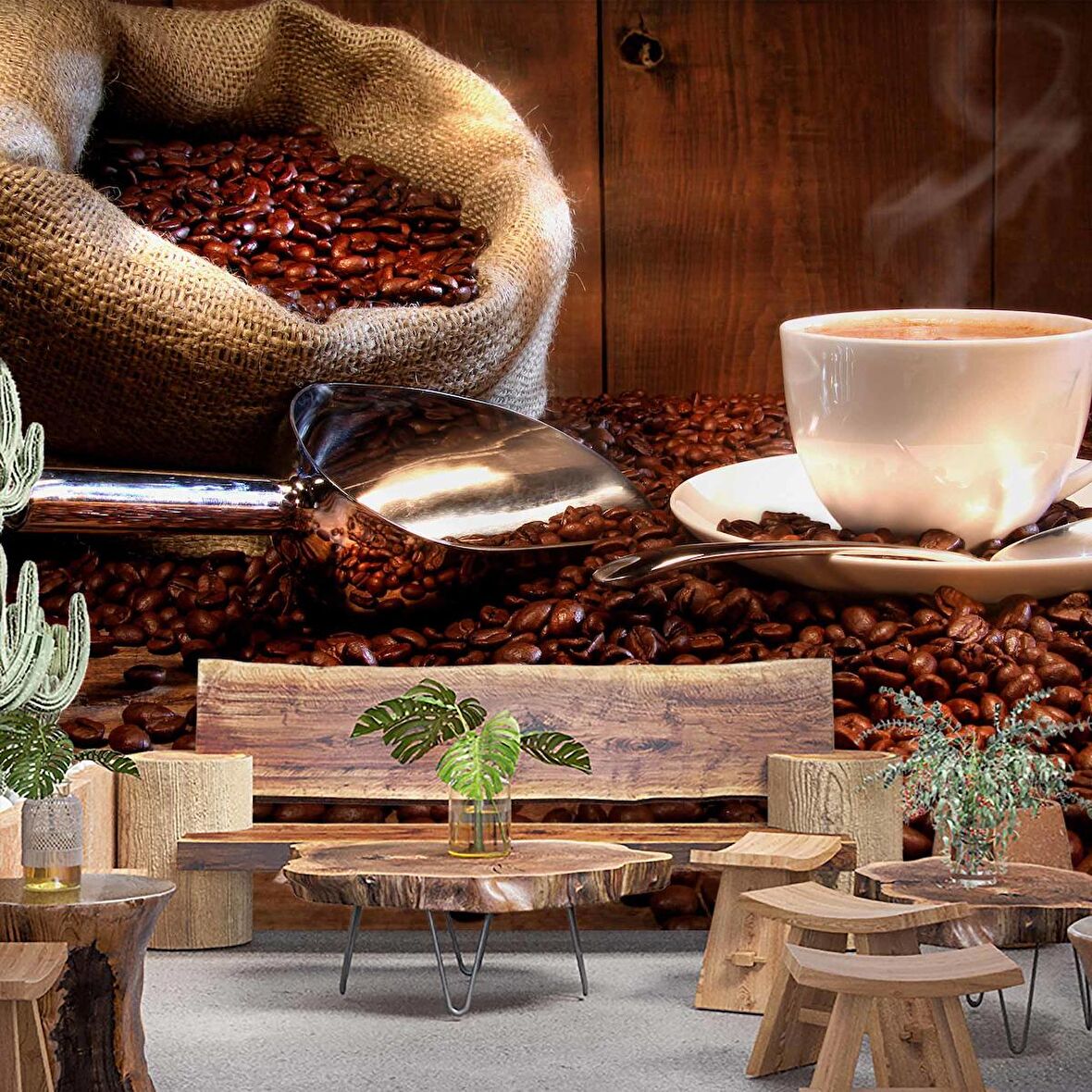 Fincan ve Kahve Çekirdeği Temalı Cafe Duvar Kağıdı Baskı