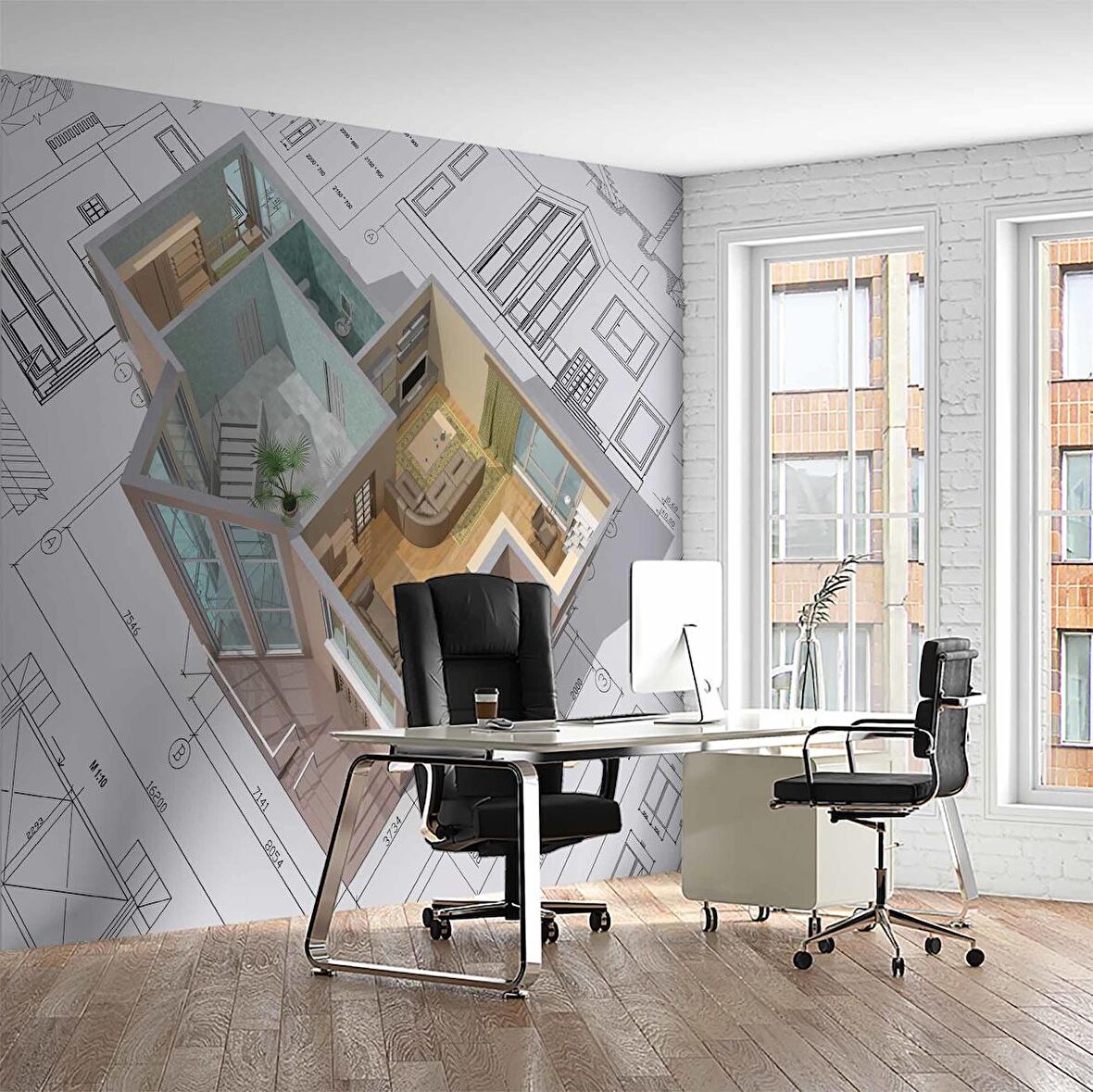 Mimari Çizim Emlak ve Gayrimenkul Duvar Kağıdı Baskı