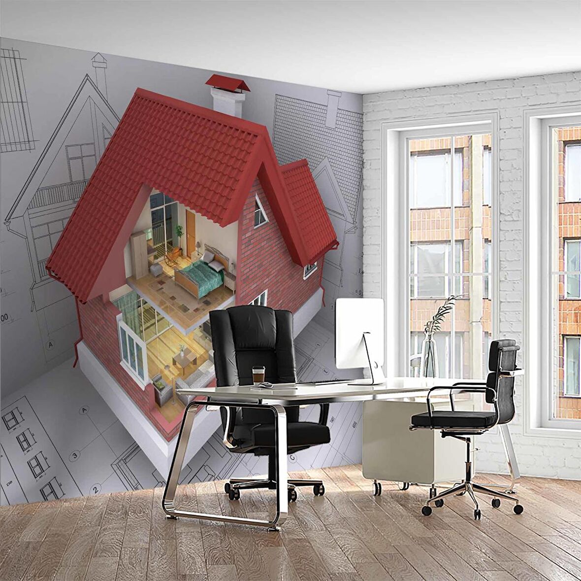 Mimari Ev Çizimi Gayrimenkul Emlak ve Gayrimenkul Duvar Kağıdı Baskı