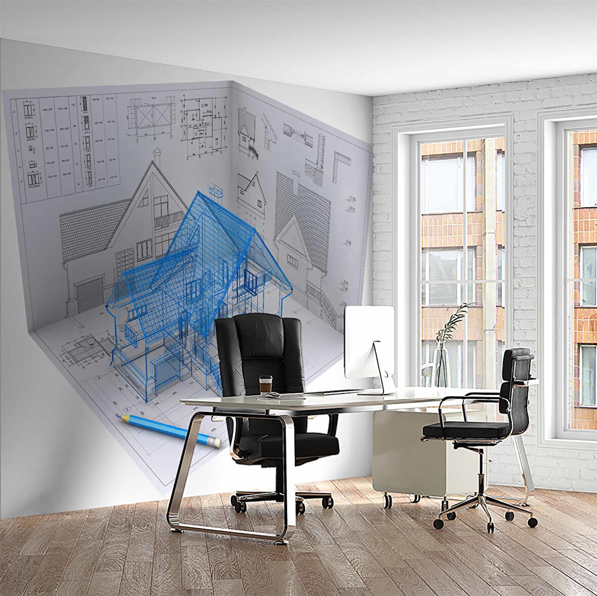 Mimari Ev Çizimli Gayrimenkul Emlak ve Gayrimenkul Duvar Kağıdı Baskı