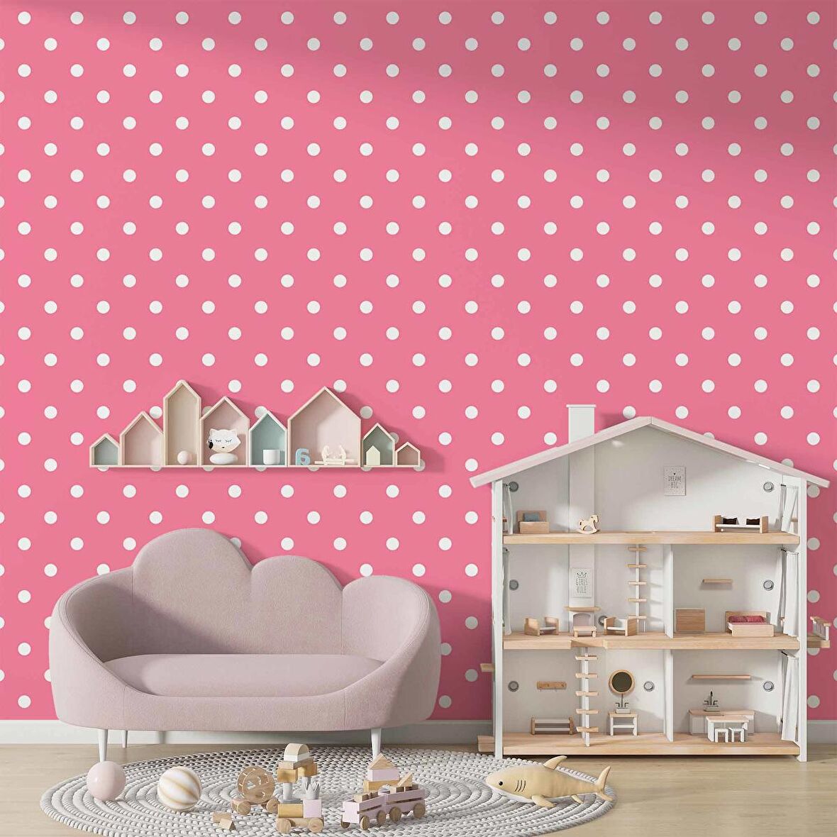 Pembe Noktalı Duvar Kağıdı Baskı