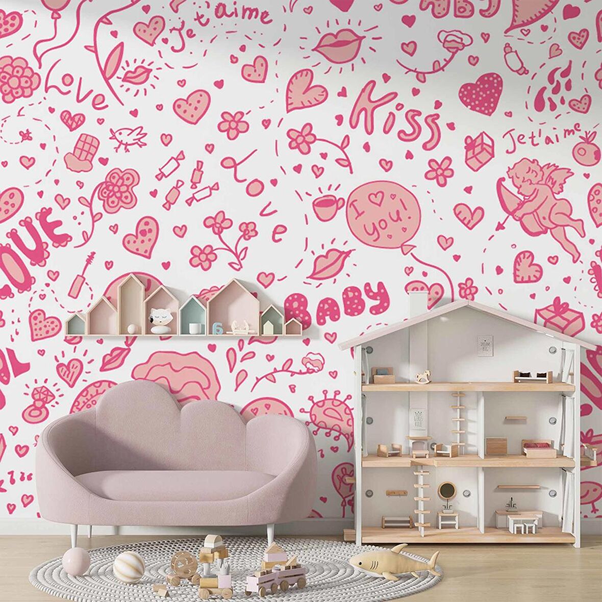 Pembe Kalp Desenli Duvar Kağıdı Baskı