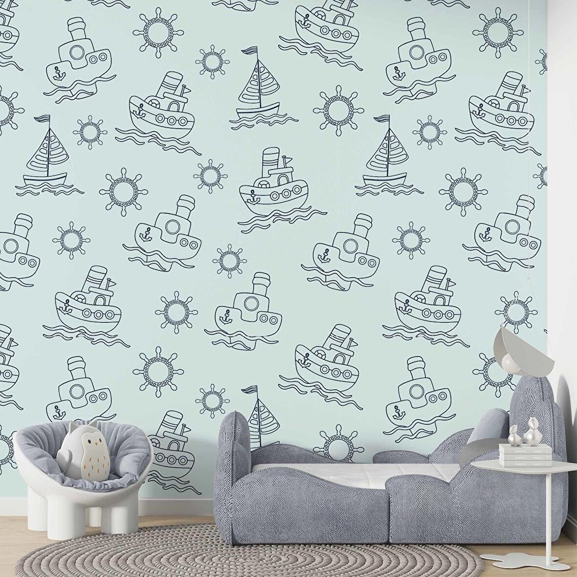 Gemi Figürlü Çocuk Odası Duvar Kağıdı Baskı