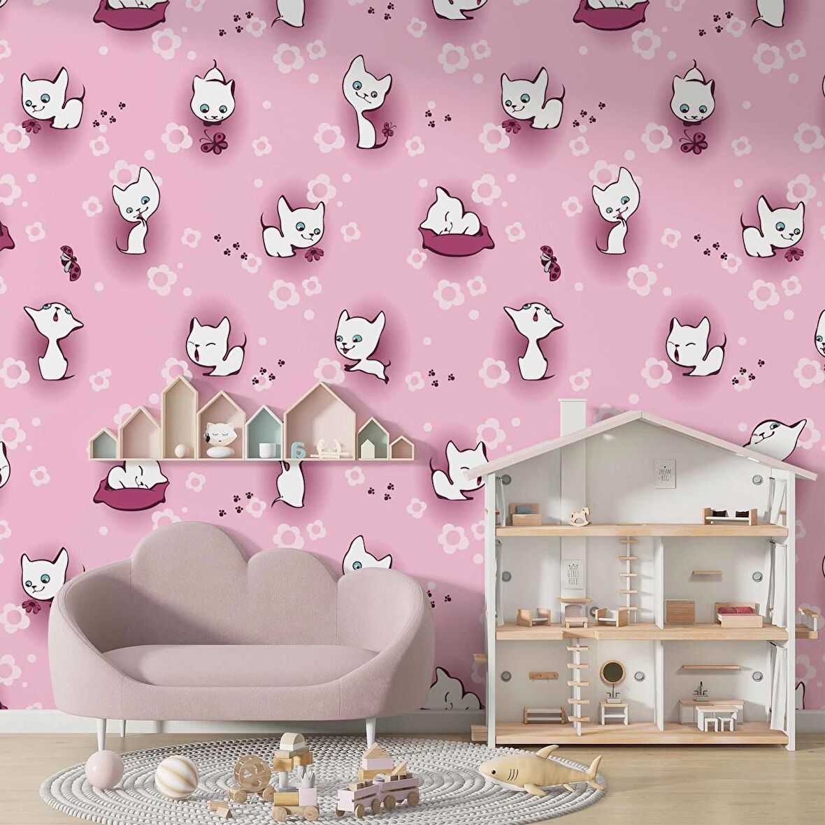 Pembe Kedili Çocuk Odası Duvar Kağıdı Baskı