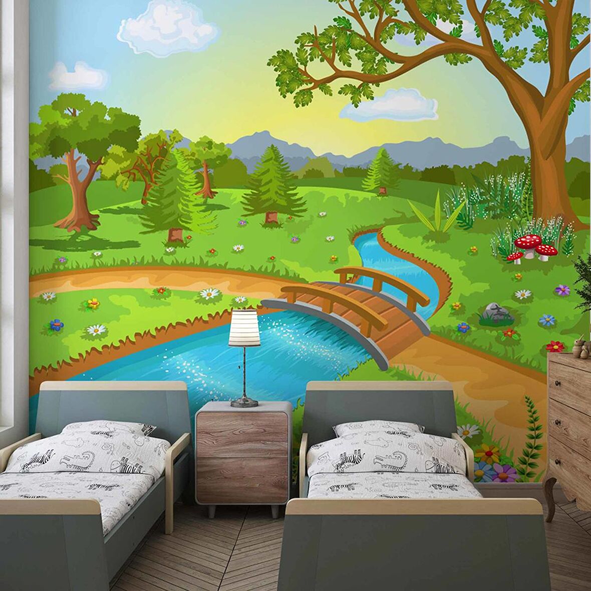 Dere Manzaralı Çocuk Odası Duvar Kağıdı Baskı